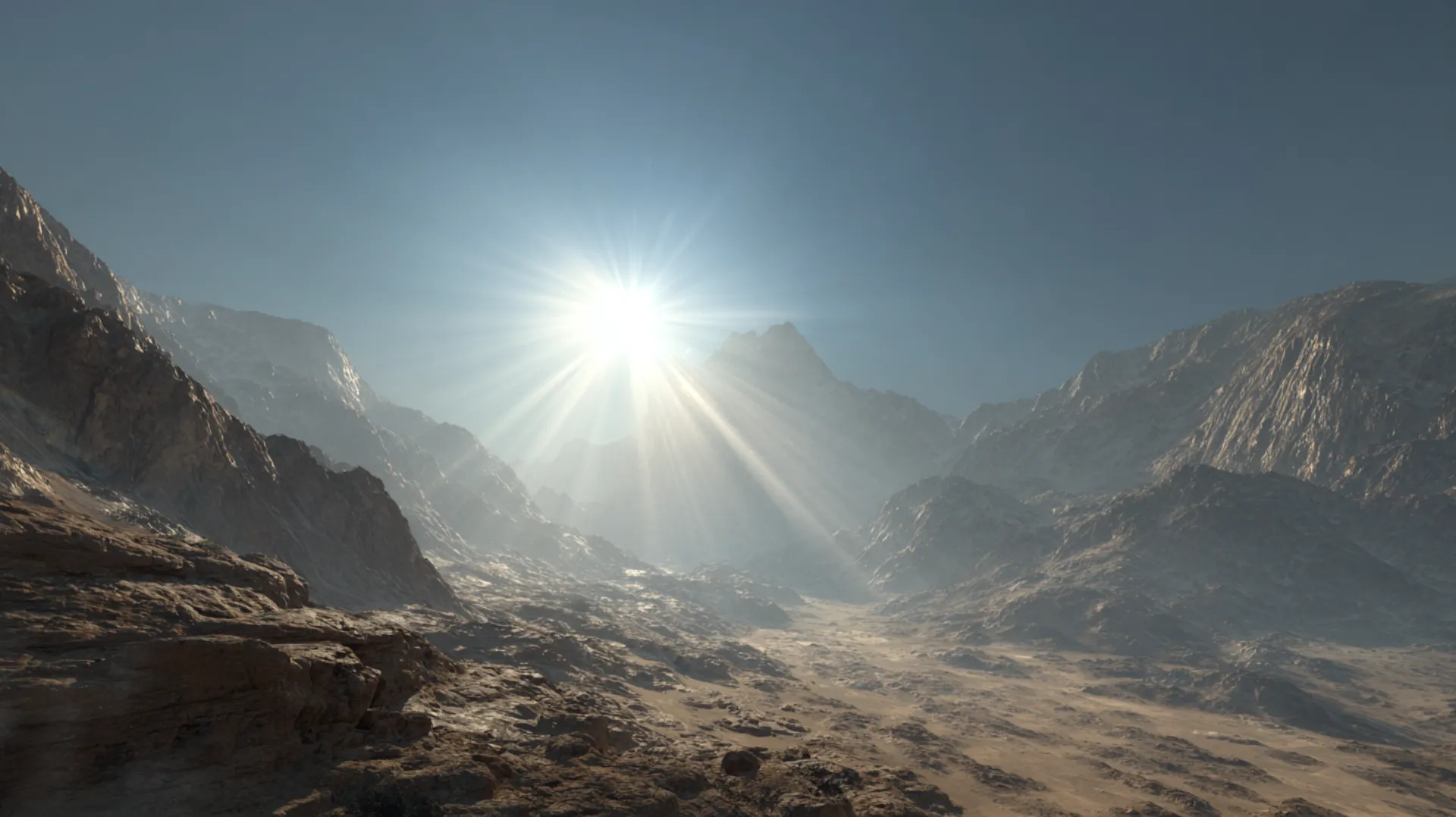 A brilliant beam of golden light streaming from a sandstone dwelling in an ancient desert valley, reaching northward across barren landscape toward distant mountains at high noon