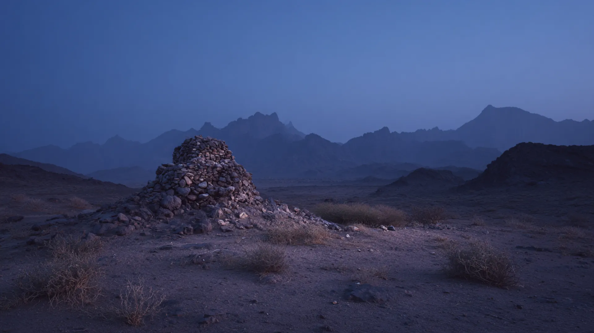 A solitary grave mound in a sparse desert settlement at golden hour, vast Arabian landscape stretching to distant mountains under warm amber light