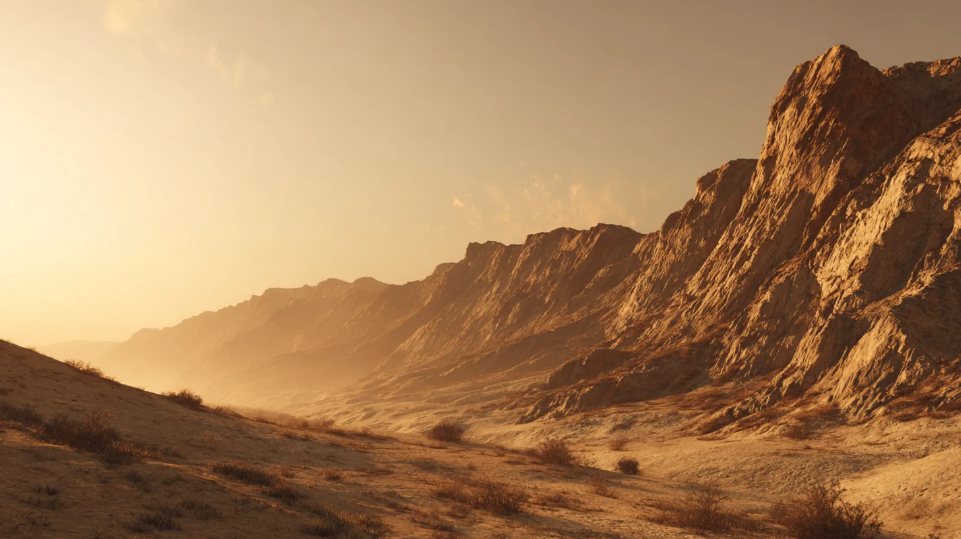 Silhouette of a young shepherd with a staff walking among sheep through a golden desert valley at dawn, rugged sandstone hills rising in the background