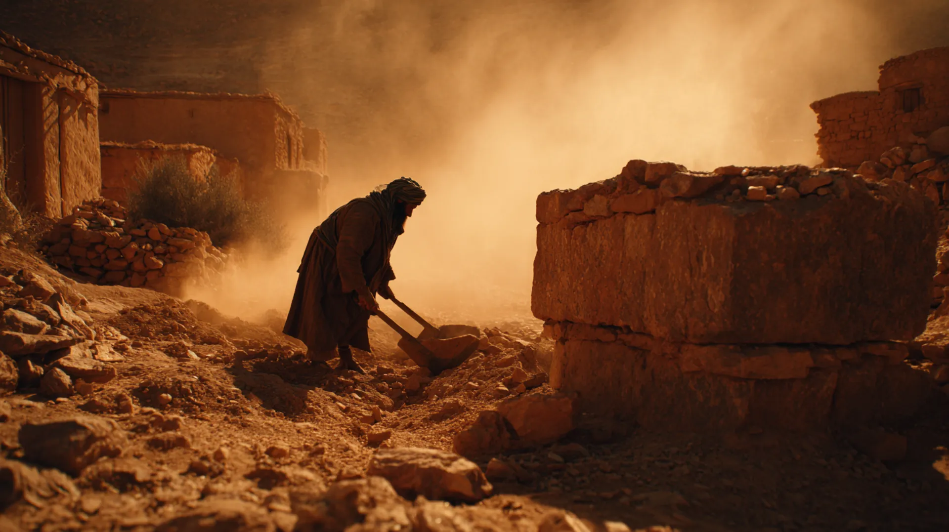 Aerial view of ancient Mecca at dawn showing a lone figure digging near stone foundations, golden dust rising into dramatic morning light with distant desert mountains