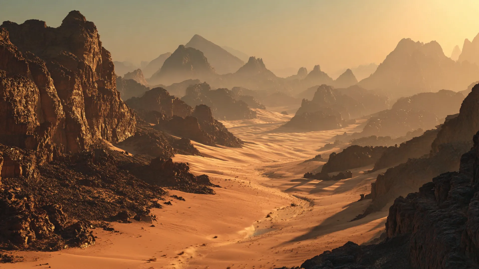 Aerial view of an ancient desert trade route winding through golden sand dunes toward distant mountains at sunset, evoking the vastness of the Arabian landscape