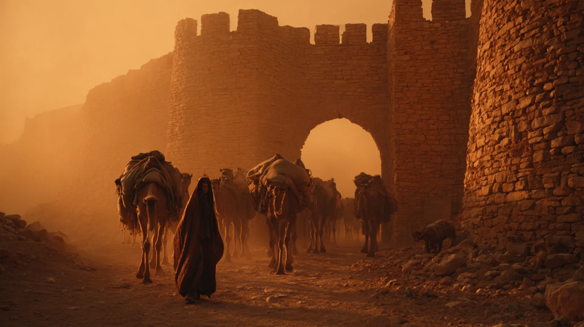 A camel caravan arriving through ancient sandstone gates of a 7th-century Arabian trading town at golden hour, with warm amber light and distant mountains