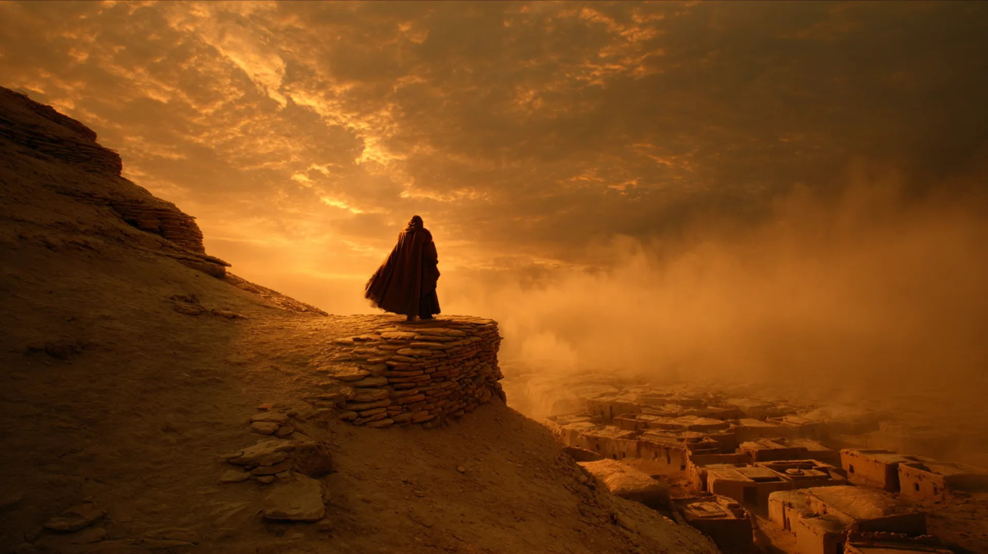 A lone silhouette stands atop a rugged desert mountain at golden hour, overlooking a small ancient settlement of sandstone buildings under a dramatic sky