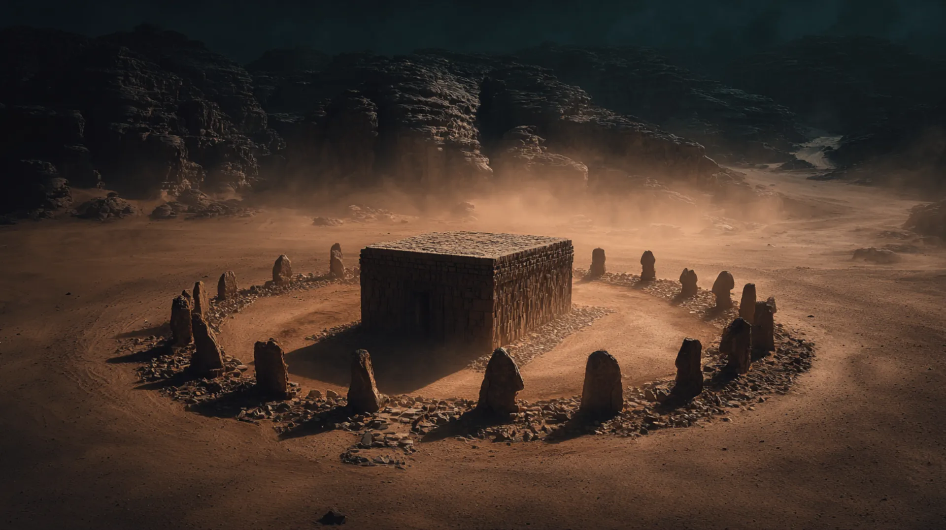 Stone idols silhouetted around an ancient cuboid structure at dusk in a desert valley, amber light filtering through dust-filled air