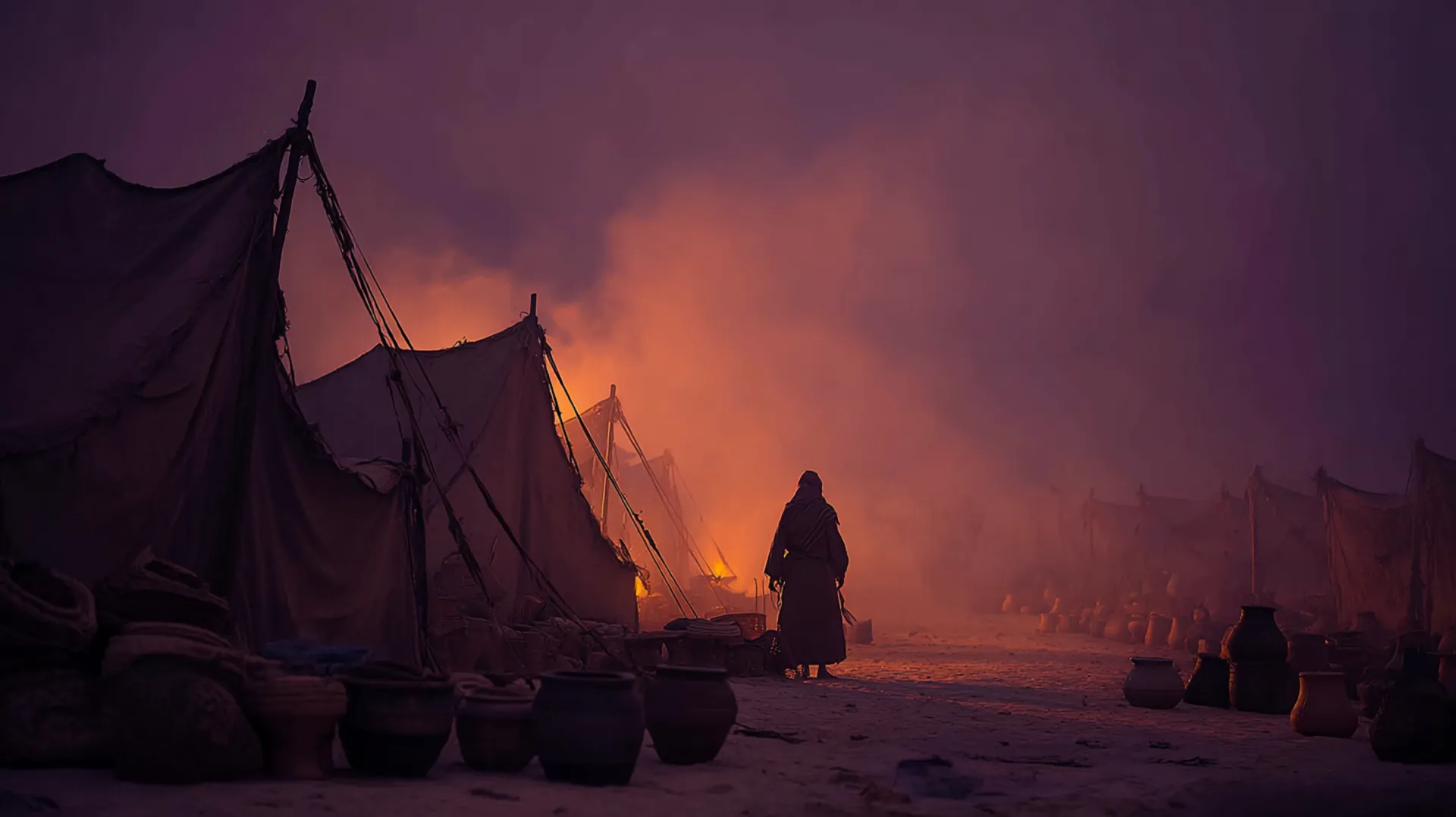 A lone small figure stands amid the bustling tents of an ancient Arabian marketplace at dusk, warm amber light filtering through dust-filled air with distant sandstone mountains on the horizon