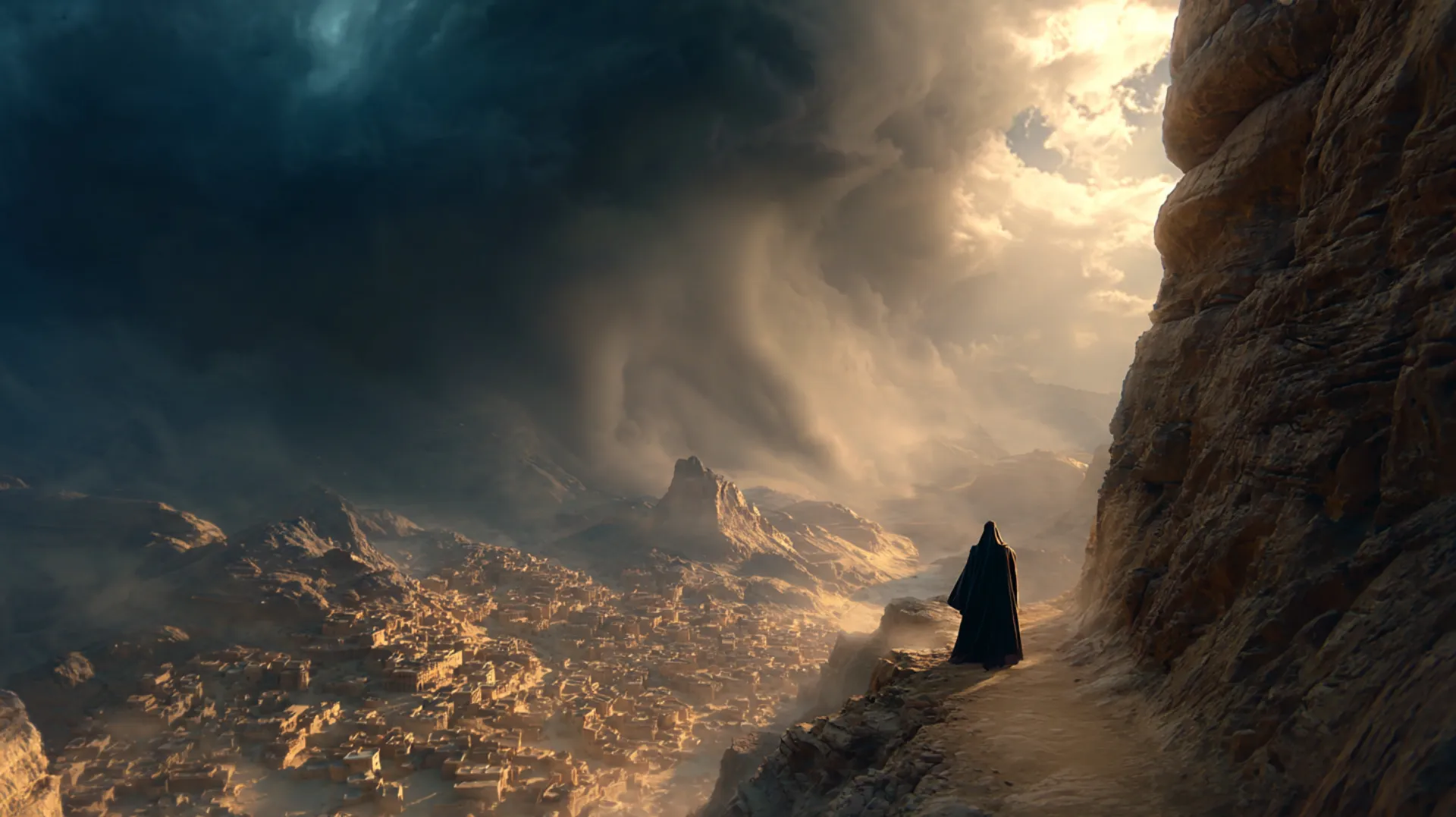 A solitary cloaked figure descends a mountain path toward ancient Mecca at dawn, golden light breaking through dramatic clouds above a vast desert horizon