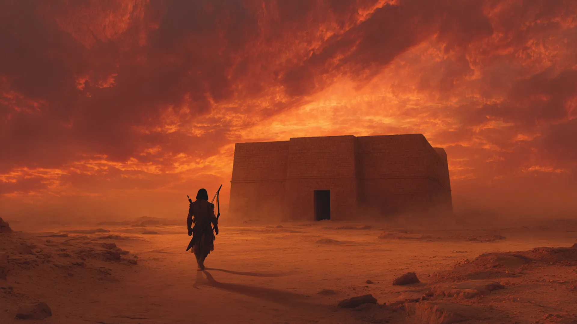 A lone figure in hunting gear strides through a sandstone courtyard at dusk, long shadows stretching toward the Ka'bah under a dramatic amber sky