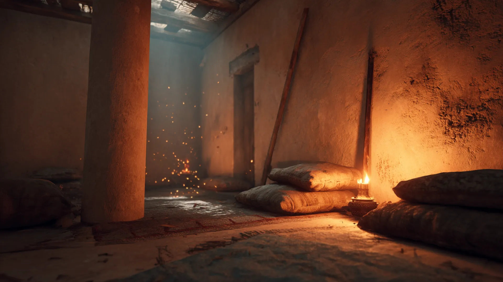 A dimly lit sandstone room in ancient Mecca at dusk, with an oil lamp illuminating empty cushions and a walking staff, shadows of figures visible through a doorway