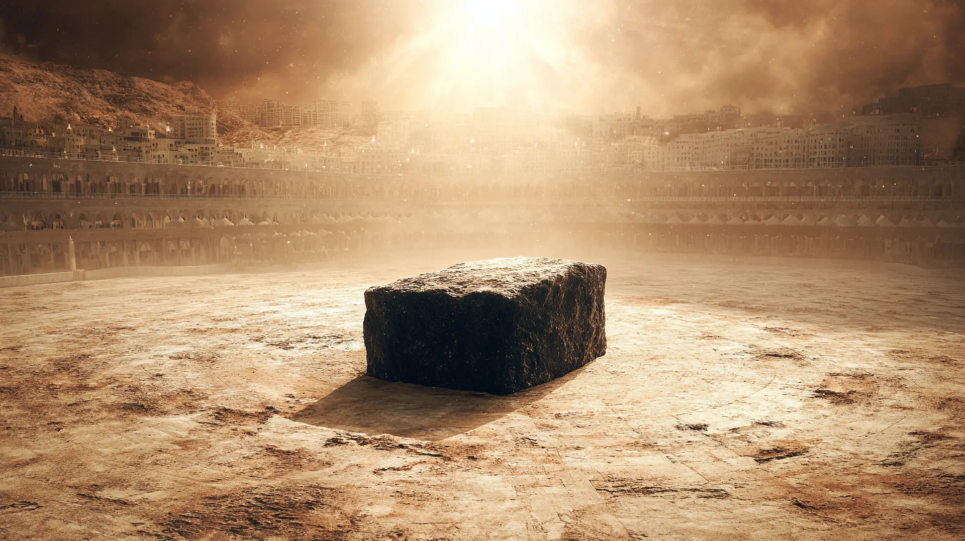 A lone boulder sits on scorching desert sand at midday, heat haze rising from the ground, with the distant sandstone walls of ancient Mecca on the horizon