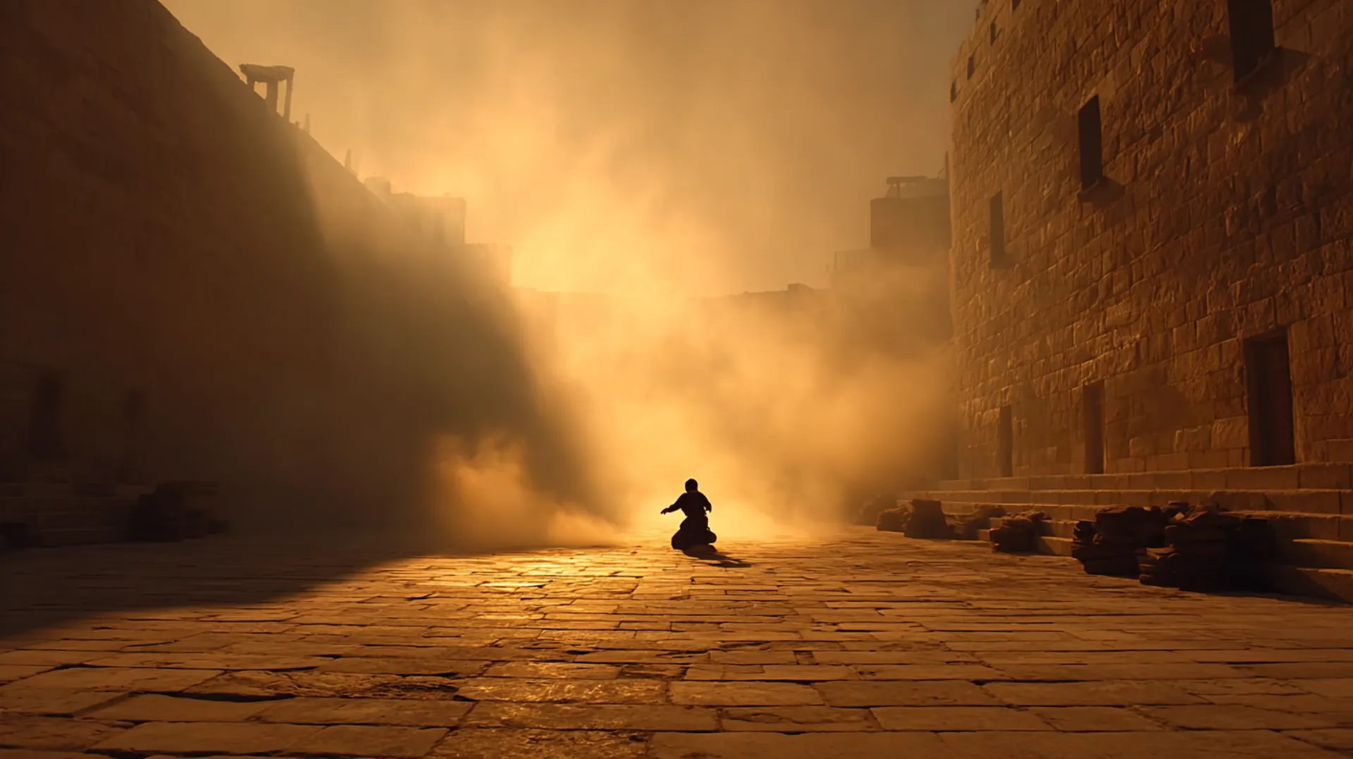 A small child's silhouette running across the sunlit stone courtyard of the ancient Ka'bah toward a prostrating figure, golden dawn light casting long shadows