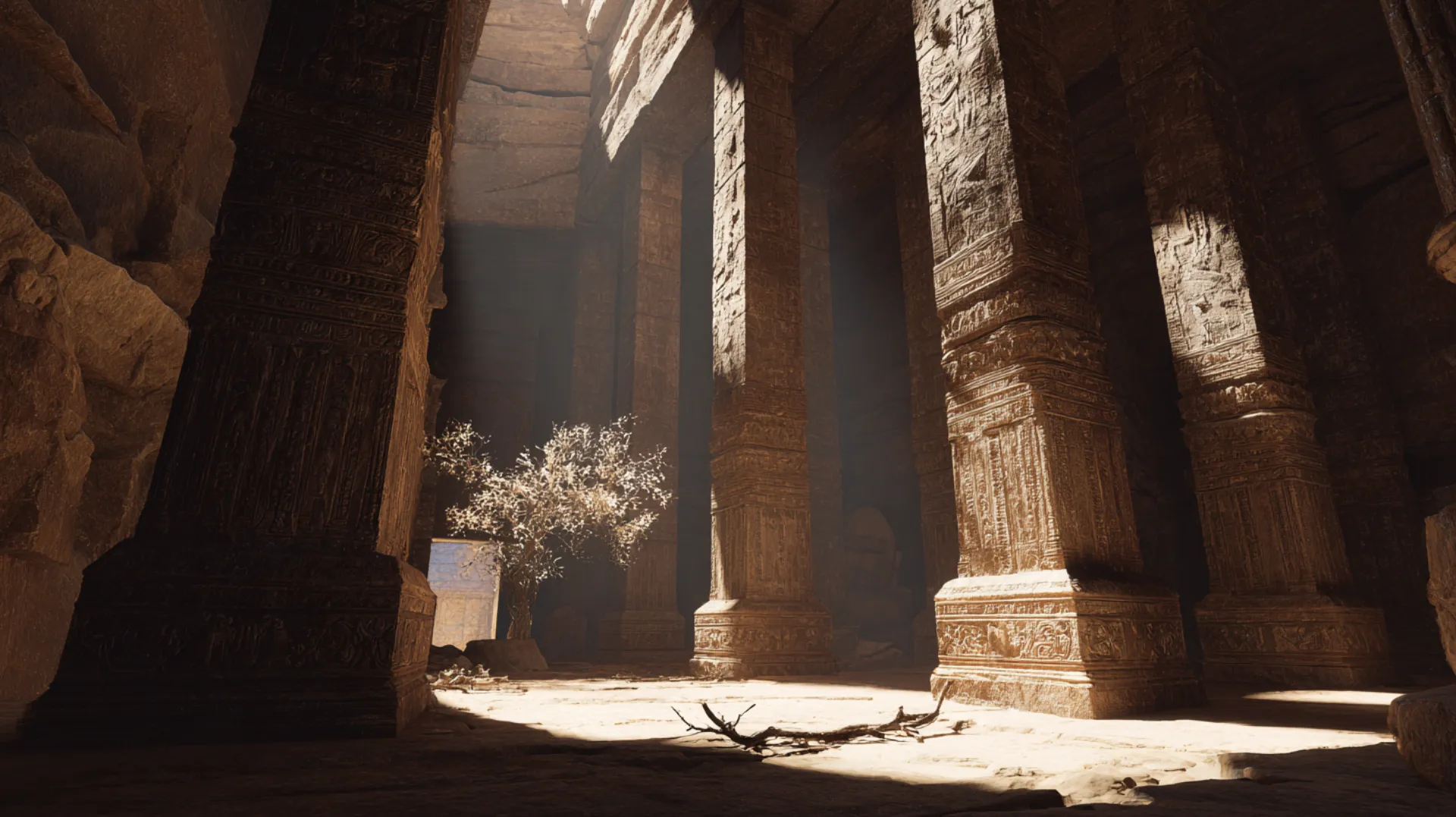A small twig resting on the stone floor of an ancient African palace throne room, golden light streaming through high windows, dramatic shadows filling the grand chamber