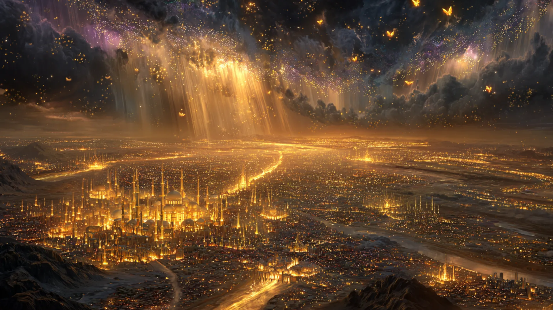 A vast celestial lote tree with shimmering branches stretching across a luminous sky, golden butterflies and rivers of light flowing from its base against a cosmic backdrop