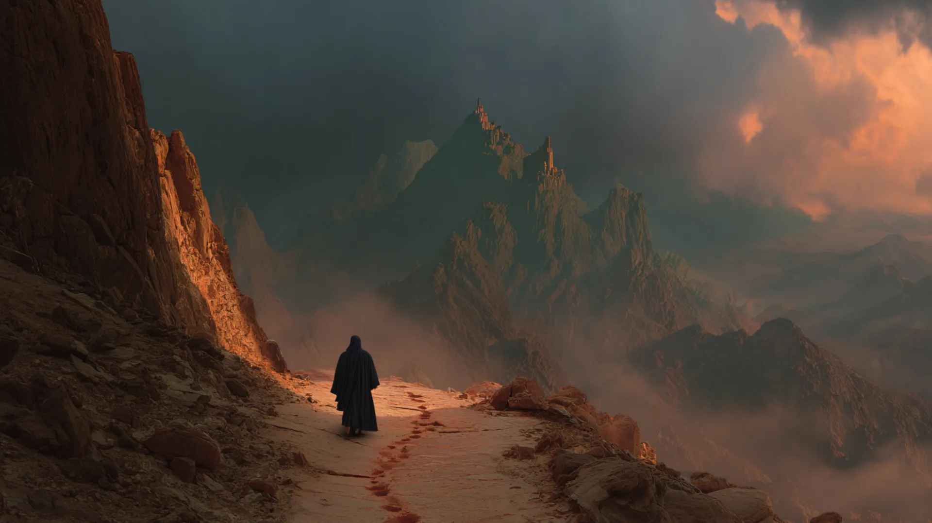 A lone figure walks a rocky mountain path toward a distant walled city at dusk, storm clouds breaking with golden light, blood-red footprints trailing behind on the dusty trail