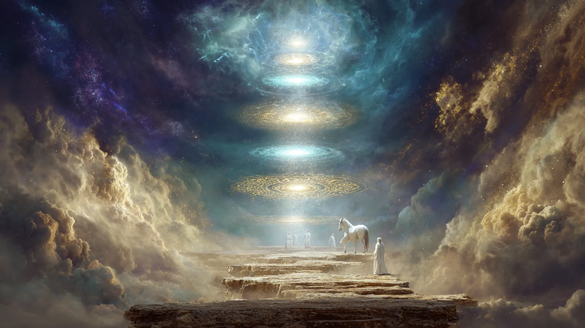 Seven luminous celestial gates ascending through layers of golden and indigo clouds, with a white steed tied to a stone post far below and stars visible between the heavenly layers