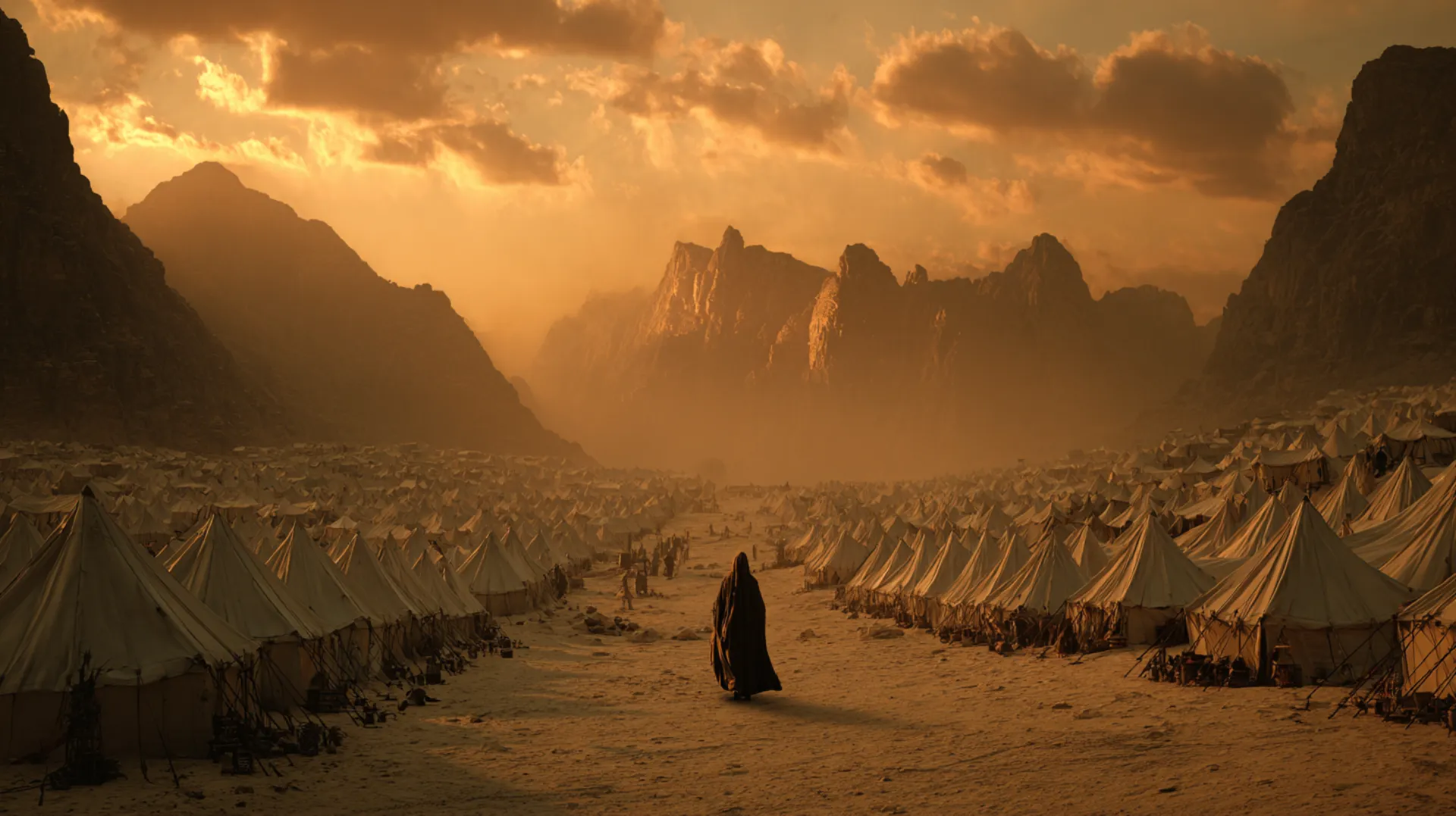 A lone figure walking through a vast encampment of white tents in a desert valley at dusk, golden light catching dust particles against an indigo sky