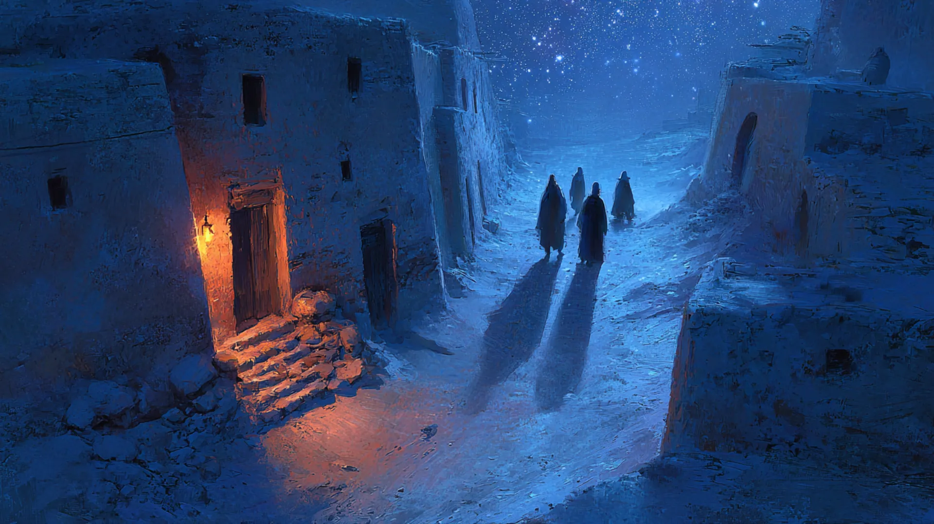 Aerial view of ancient Mecca's narrow alleyways at night, a single lamp glowing from a window as three long shadows stretch across moonlit streets beneath a vast starfield