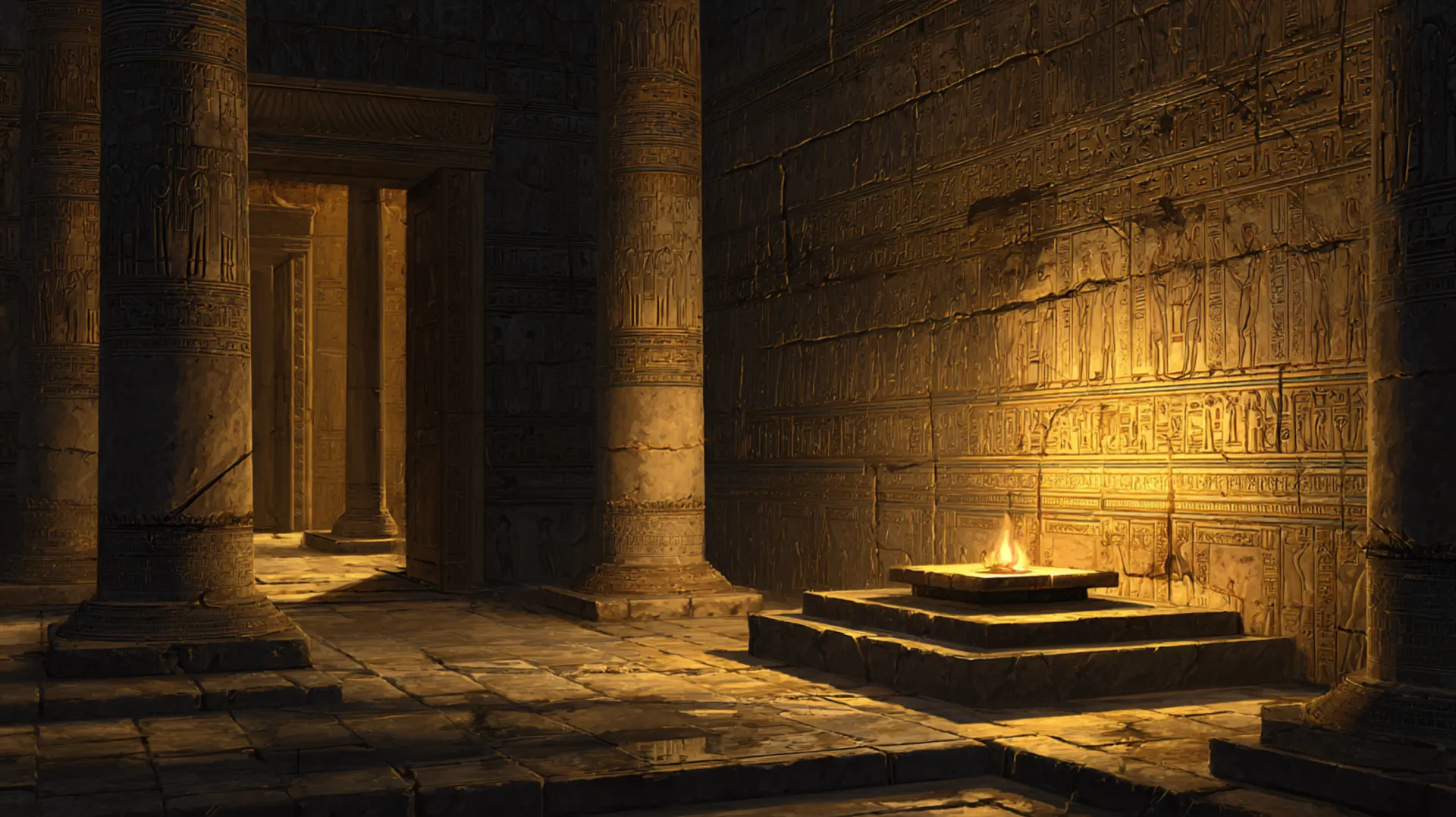A fallen ivory comb on the stone floor of an ancient palace interior, illuminated by the warm glow of a single oil lamp casting long dramatic shadows