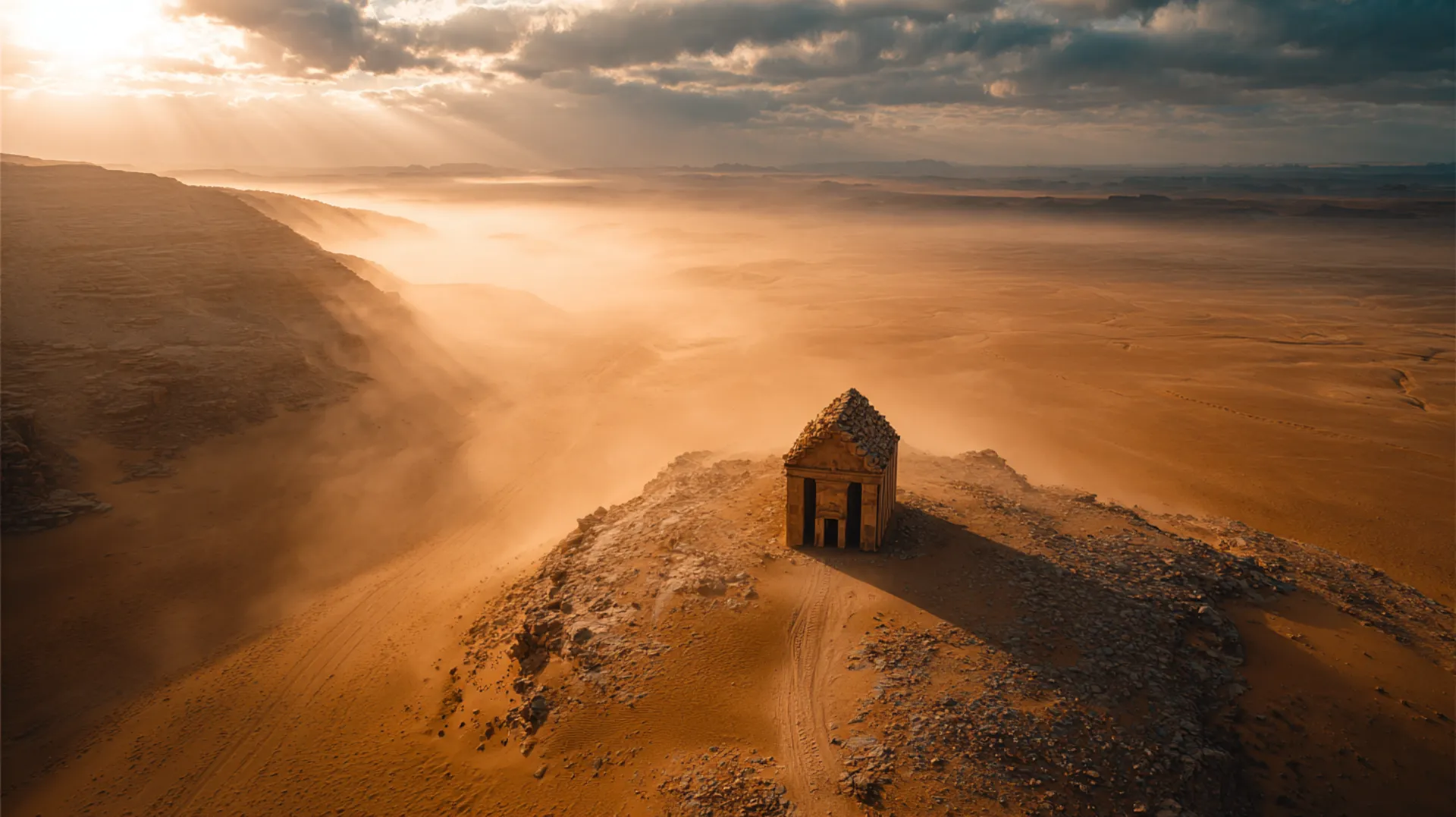 Aerial view of an ancient Arabian desert at dawn with a lone stone sanctuary silhouetted against the horizon and faint caravan routes visible in the sand
