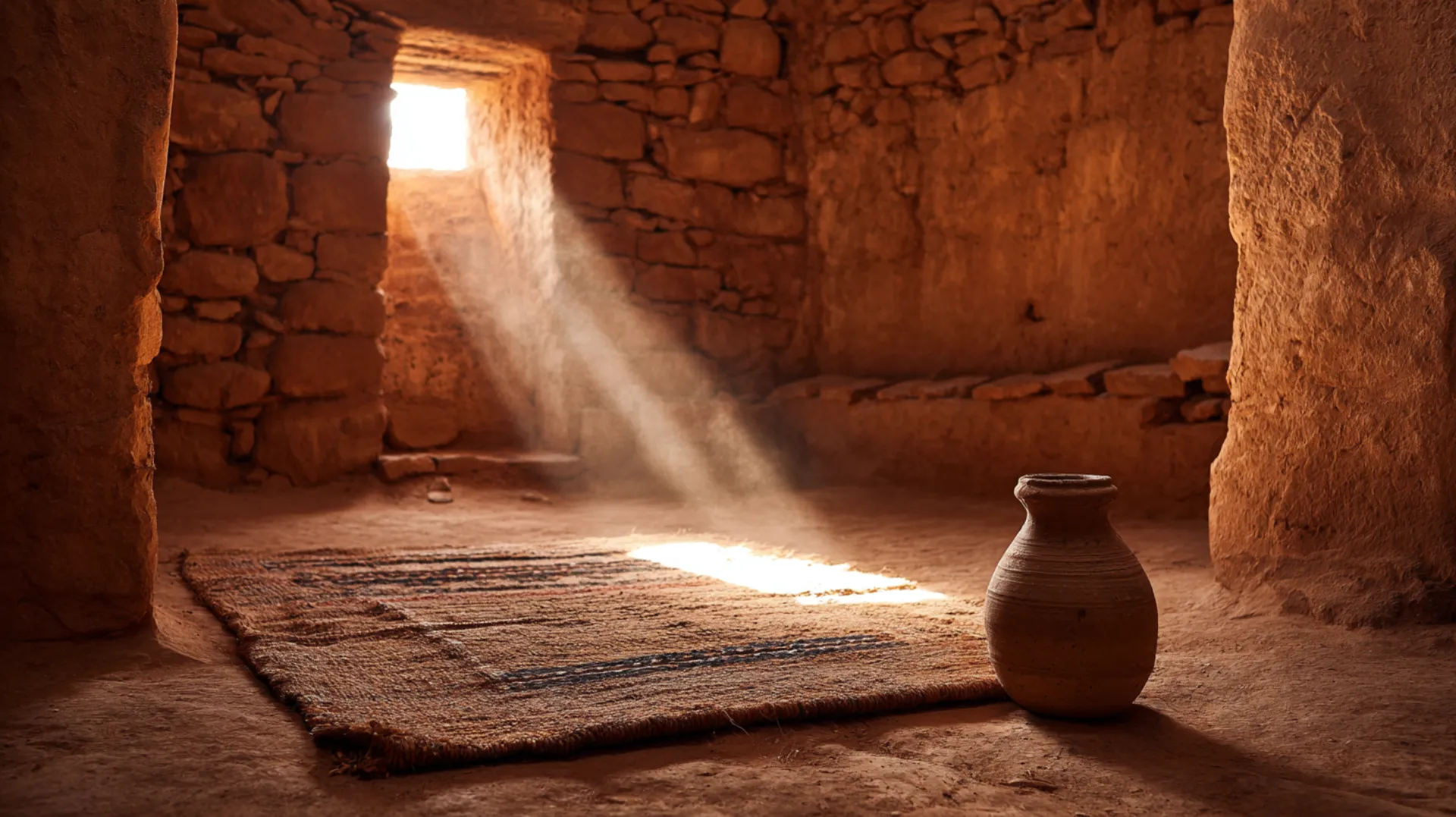 A sparse 7th-century room with a rough fiber mat, a clay water vessel, and a single beam of golden light streaming through a narrow window