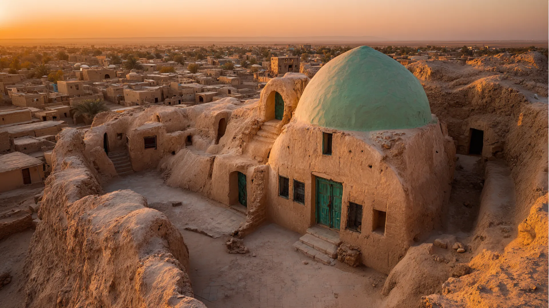 A green dome rising above ancient sandstone walls at golden hour, with a desert city stretching into the hazy distance.