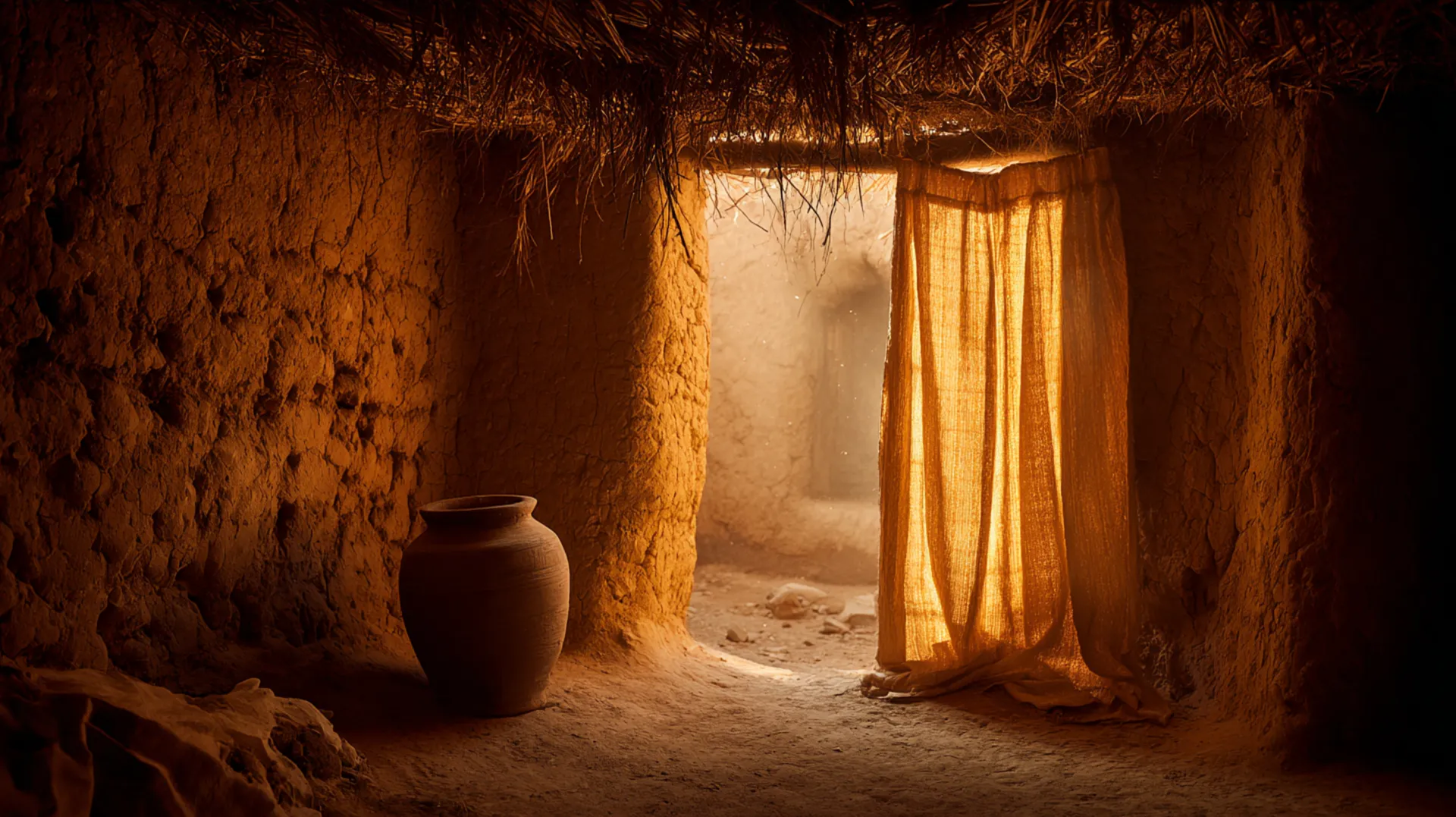 Soft golden light filters into a small 7th-century mud-brick room in Madinah, illuminating a clay water jar beside an empty woven mat on the earthen floor, a thatched palm ceiling overhead