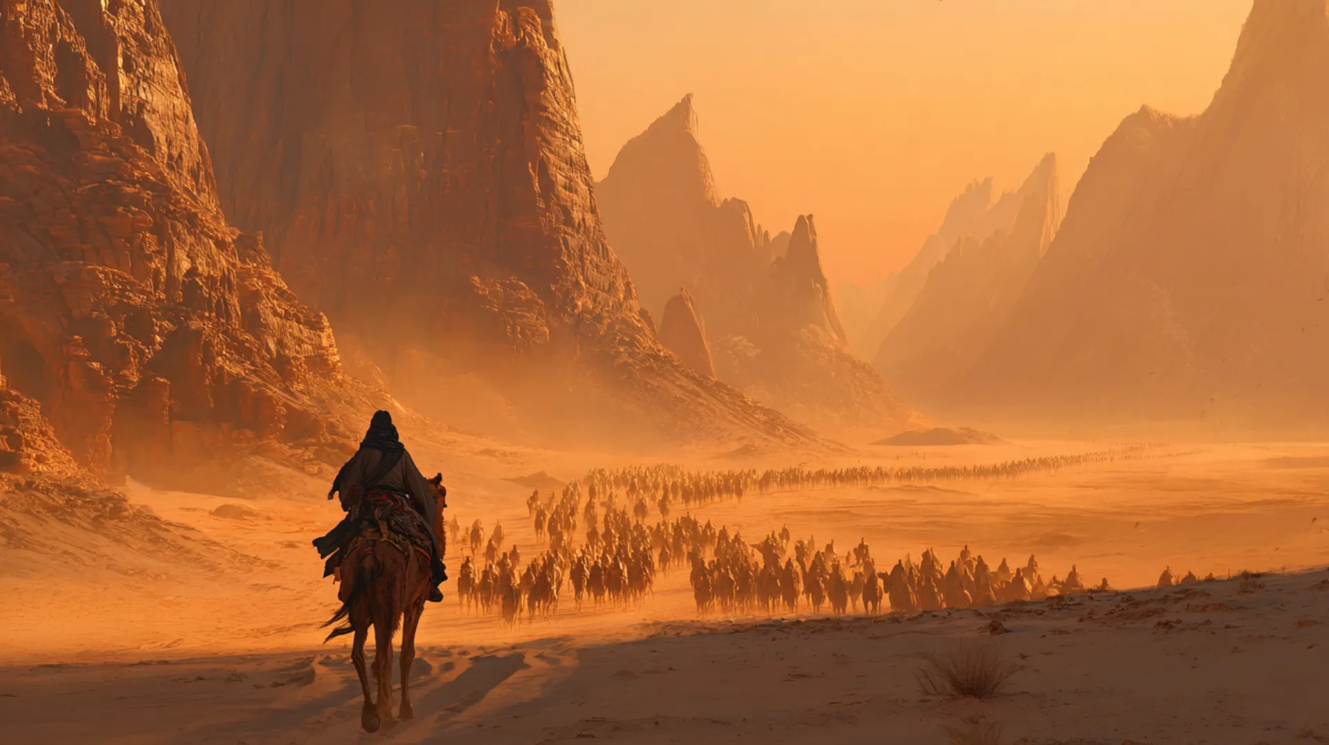 A lone rider on camelback gallops through golden desert light toward a vast caravan of pilgrims streaming through a mountain valley
