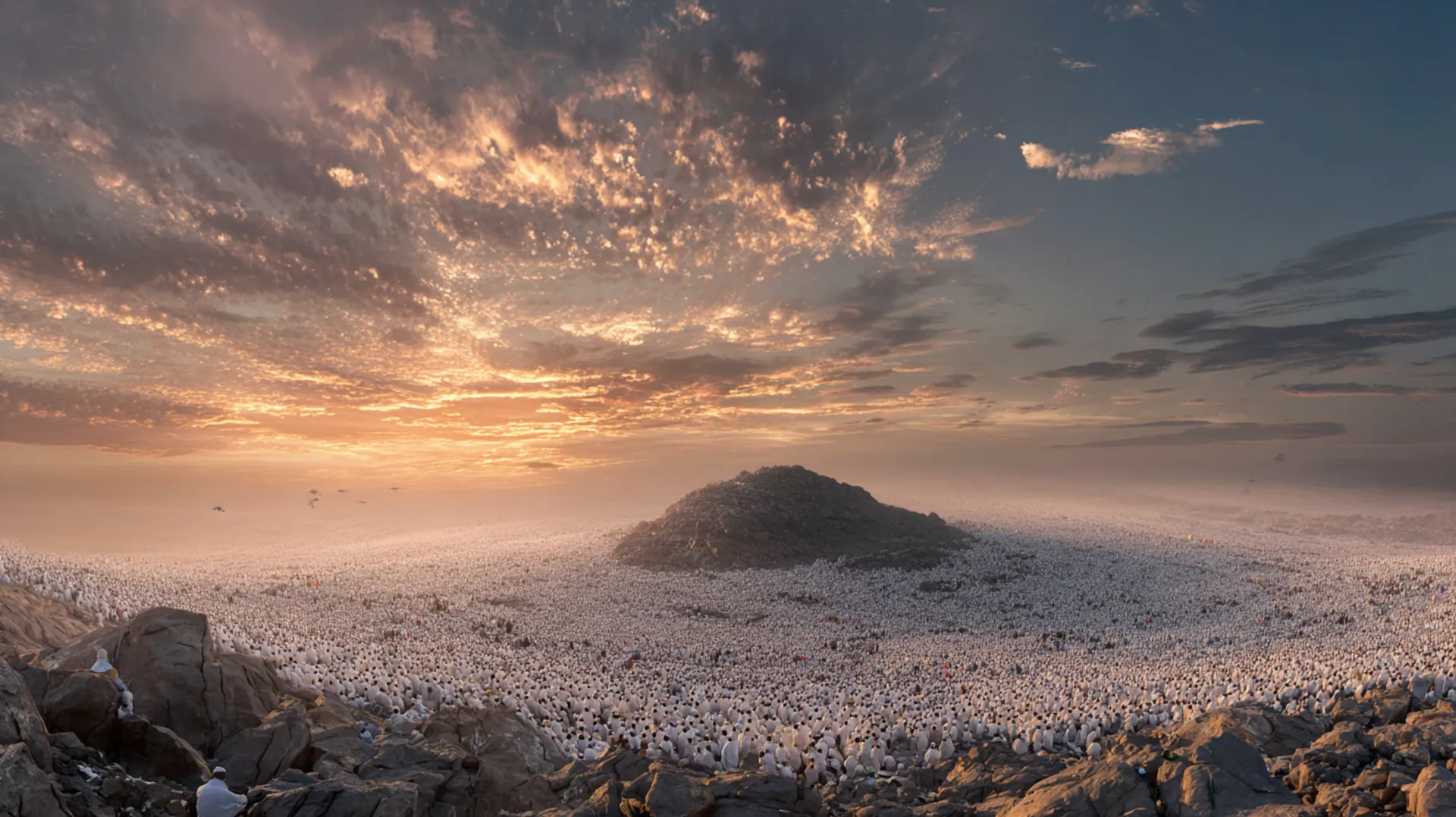 Vast golden-hour aerial view of an endless plain filled with white-clad pilgrims stretching to every horizon, a solitary rocky hill rising in the center distance beneath dramatic clouds