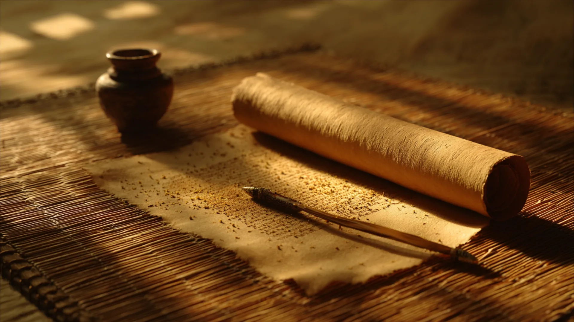 An empty parchment scroll and reed pen resting on a woven mat under warm amber lamplight in a 7th-century Arabian room, dust motes floating in the air