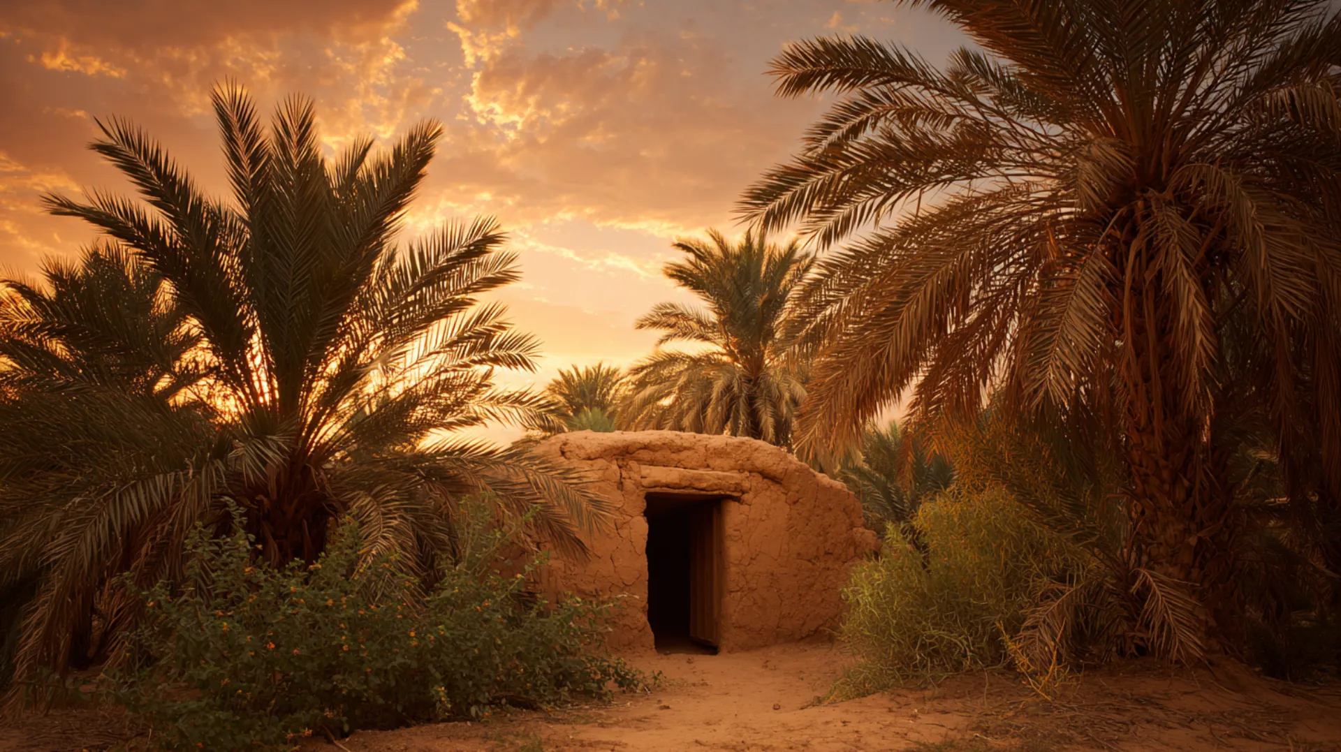 A modest dwelling nestled among date palm groves on the outskirts of ancient Madinah, with a solar eclipse beginning in the golden sky above