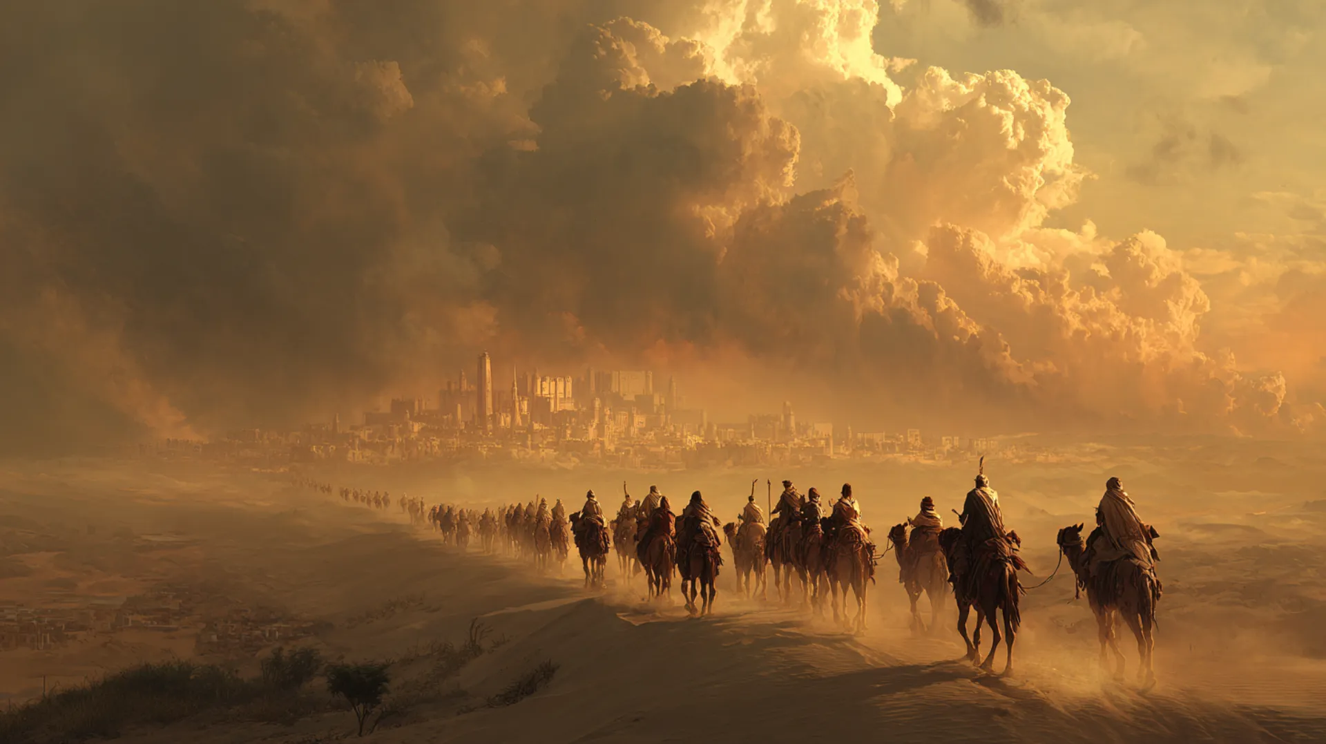 A caravan of riders on camels crossing a vast desert at golden hour, approaching a distant walled city on the horizon with dramatic clouds overhead