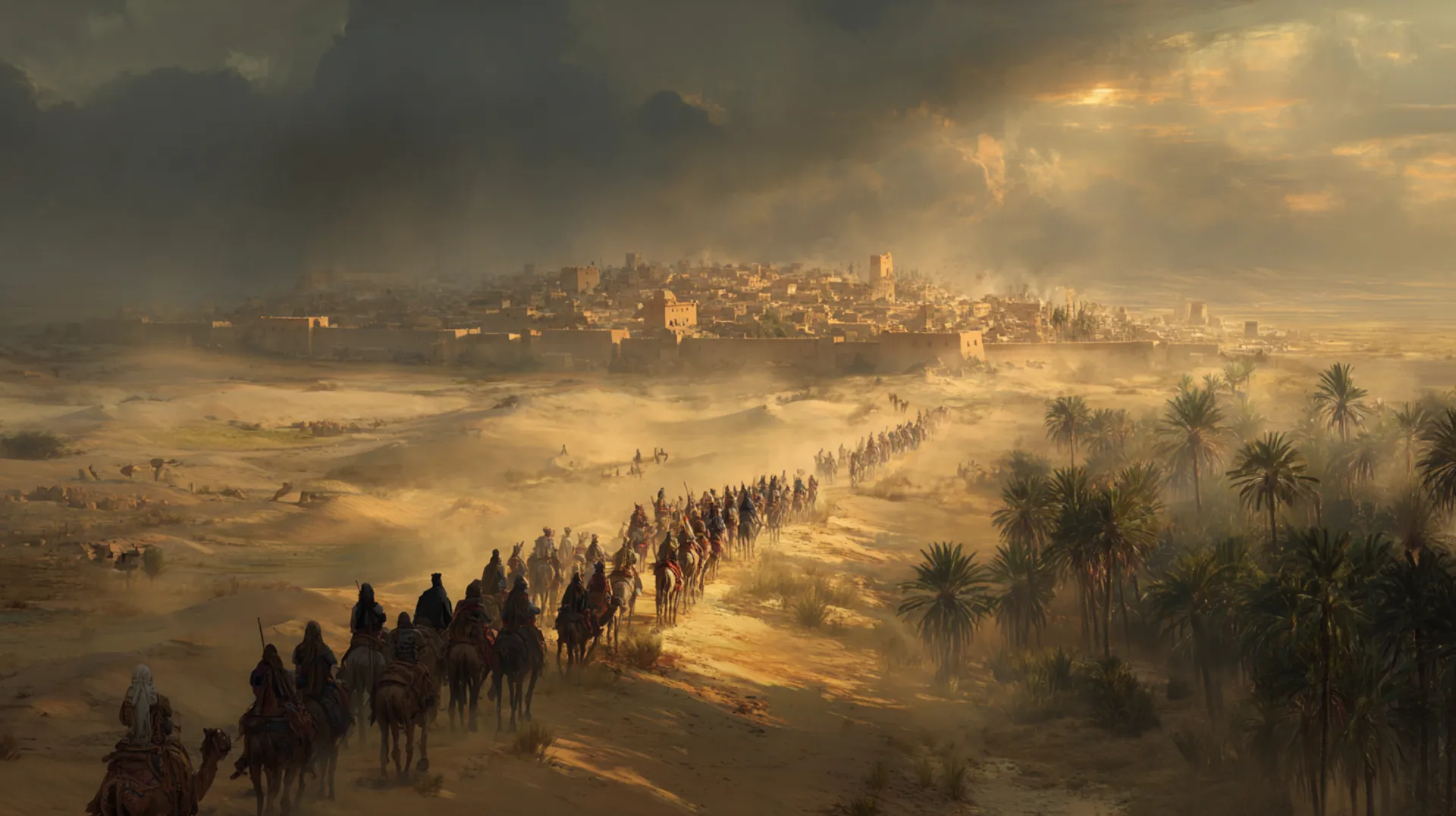 A long caravan of robed travelers crossing a vast desert at dawn, approaching a distant oasis city with palm groves and mudbrick walls under a golden sky