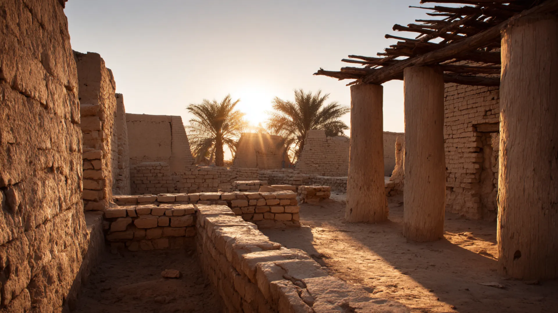 A simple clay and palm-trunk mosque under construction at dawn in a 7th-century Arabian settlement, golden light illuminating scattered building materials and quarry stones