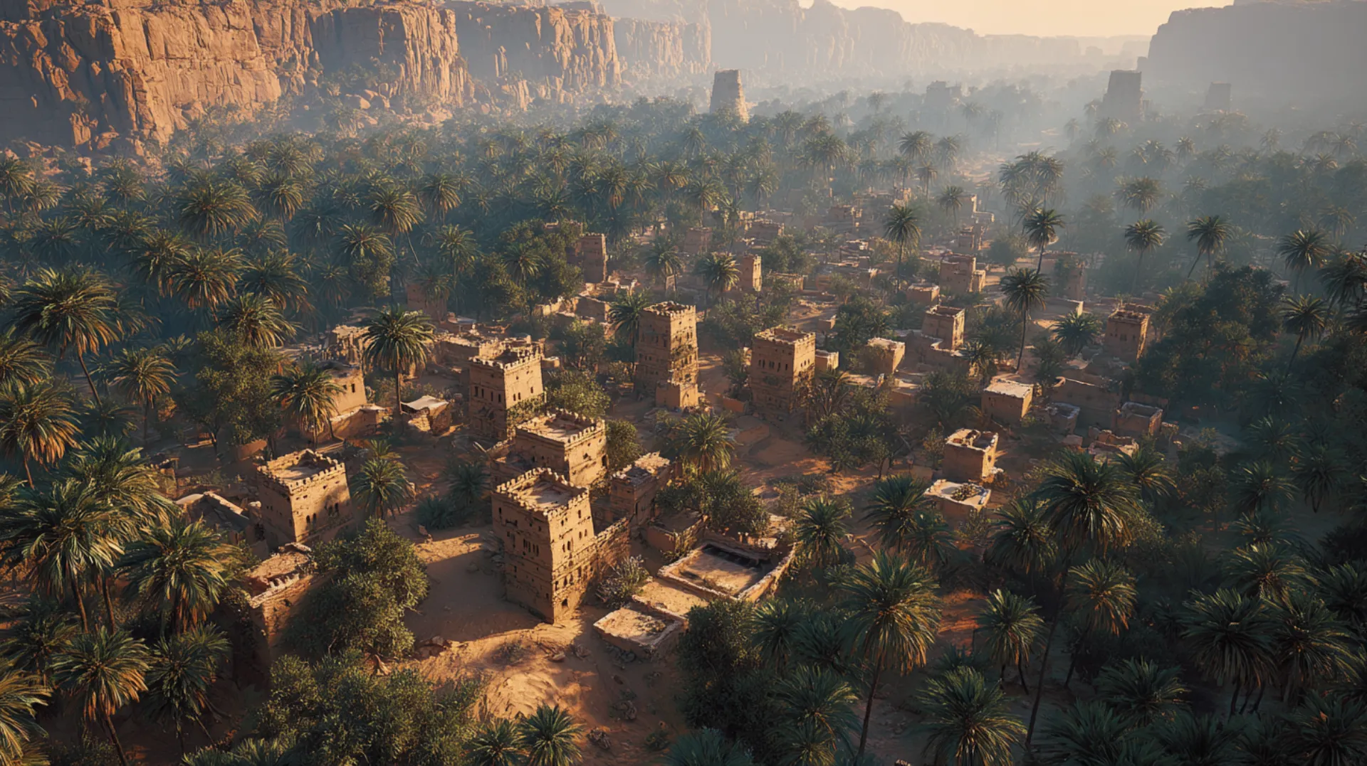 Aerial view of an ancient Arabian oasis at dawn, clusters of mud-brick settlements scattered among date palms, flanked by dark volcanic fields on either side