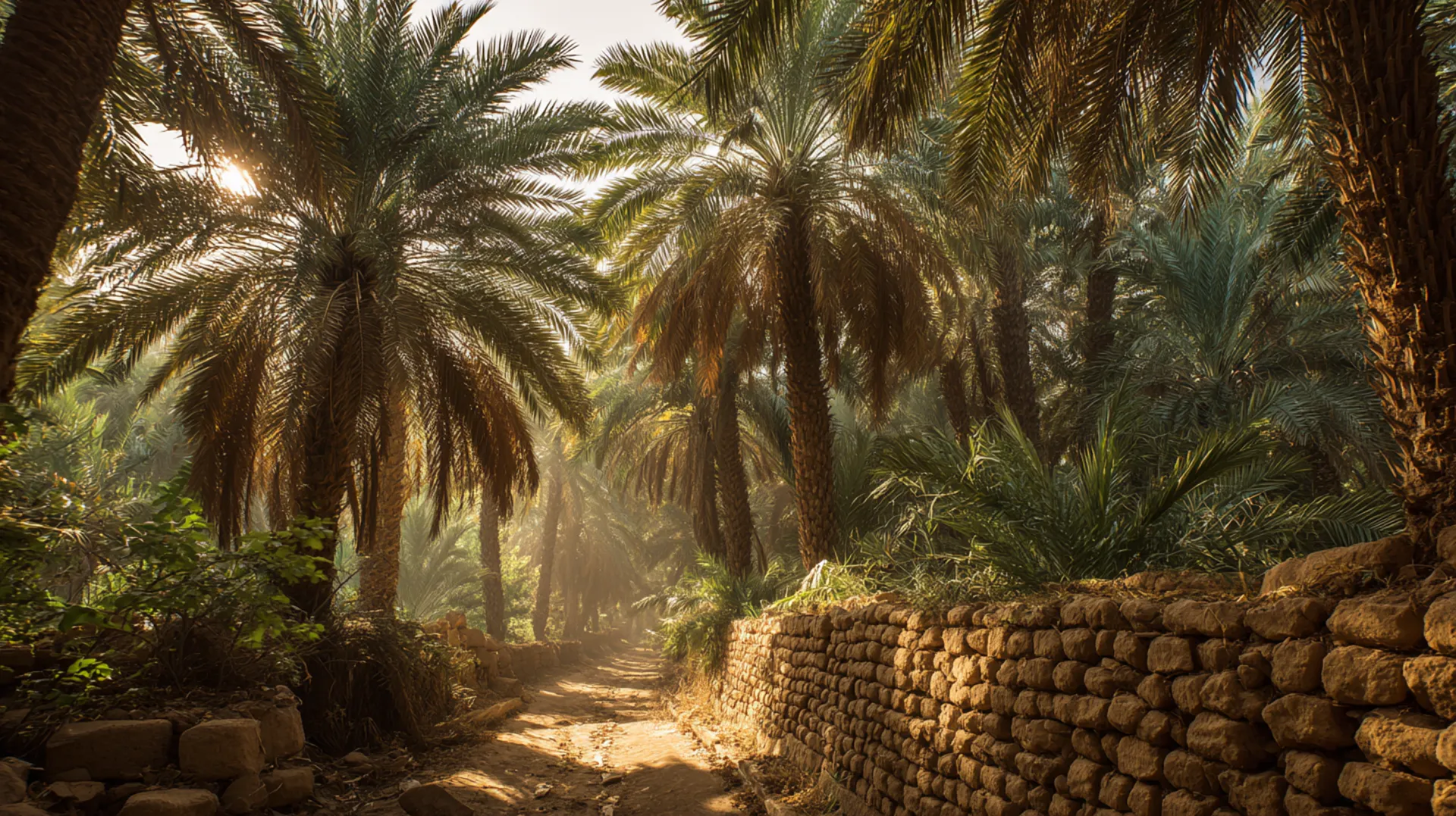 Two silhouetted figures walking together through a date palm grove in ancient Madinah at dawn, golden light filtering through the fronds with sandstone buildings in the distance