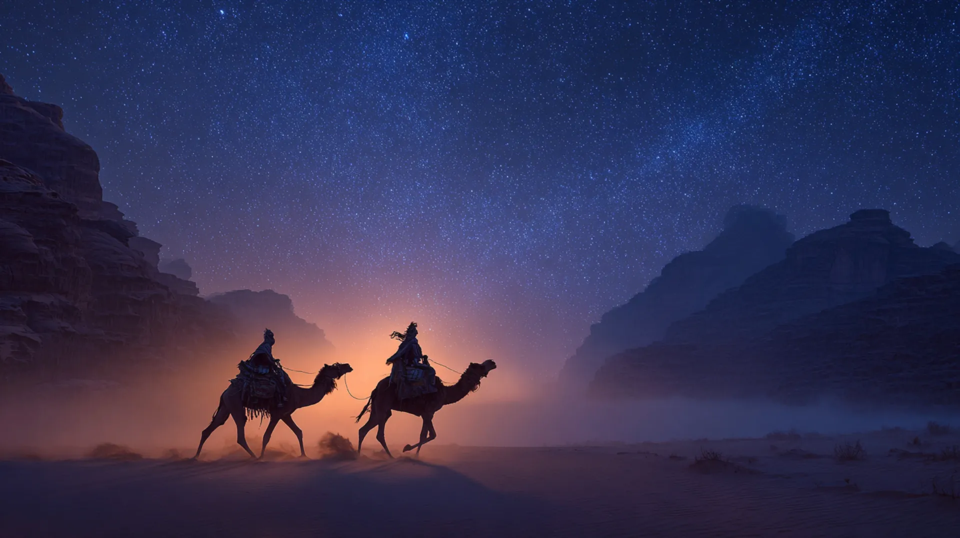 Two riders on camels crossing a vast desert at night beneath a star-filled sky, with a rocky mountain silhouette on the horizon and a faint amber glow at the edge of the world