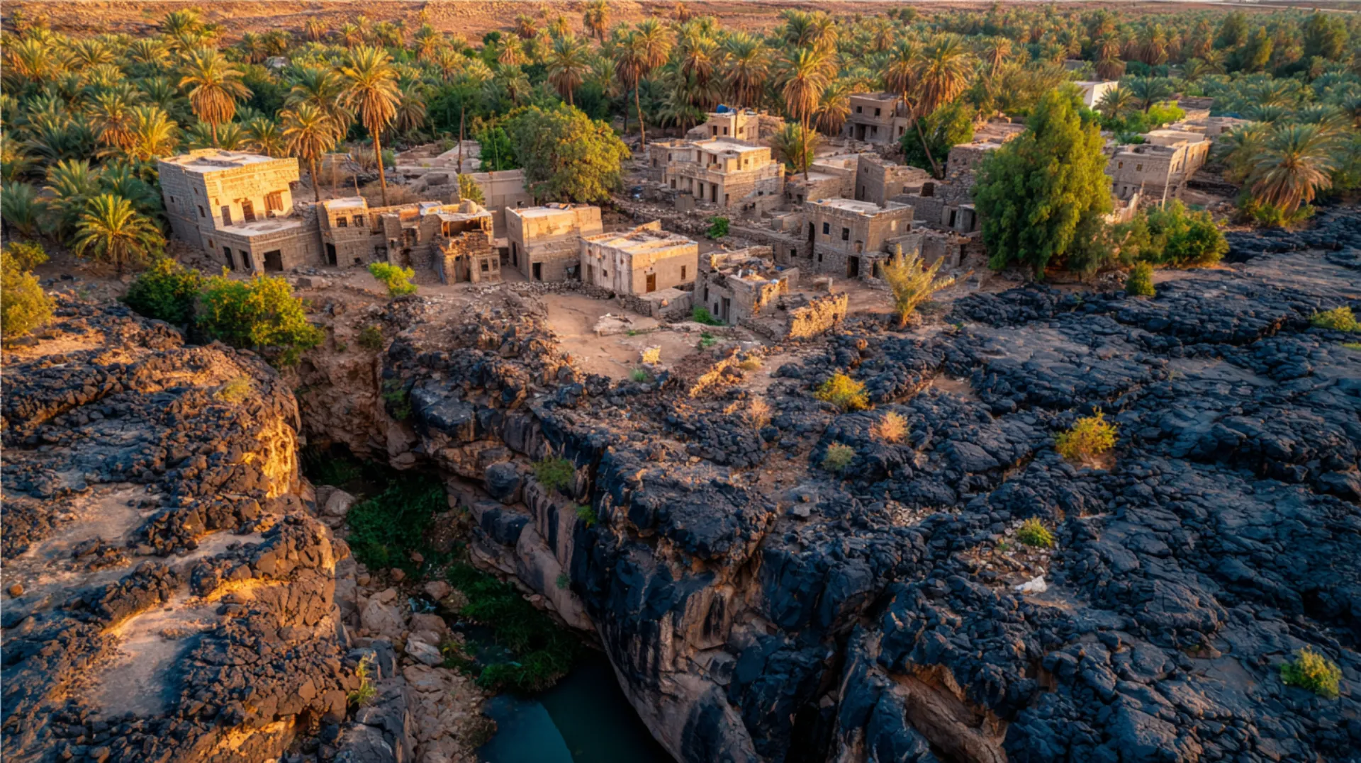 Aerial view of an ancient Arabian settlement sheltered between two dark volcanic lava fields with dense date palm groves visible to the south under golden hour light
