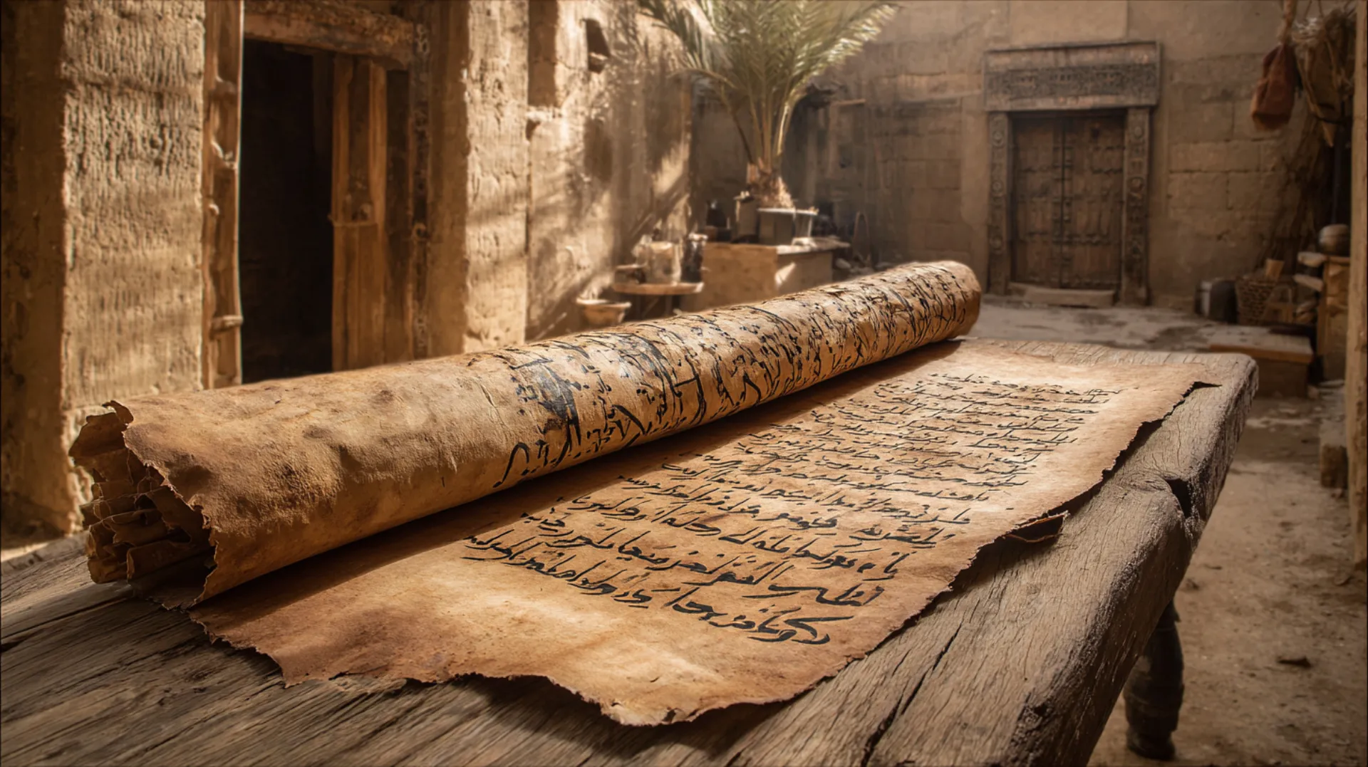 An ancient parchment scroll with Arabic calligraphy unfurled on a wooden surface, illuminated by warm candlelight with a desert doorway visible in the background