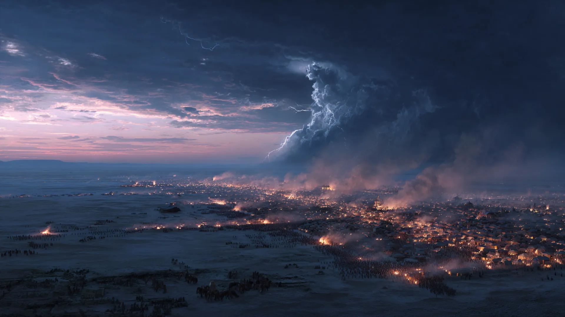 Aerial view of a vast desert caravan of hundreds stretching across a twilight landscape with storm clouds gathering on the horizon
