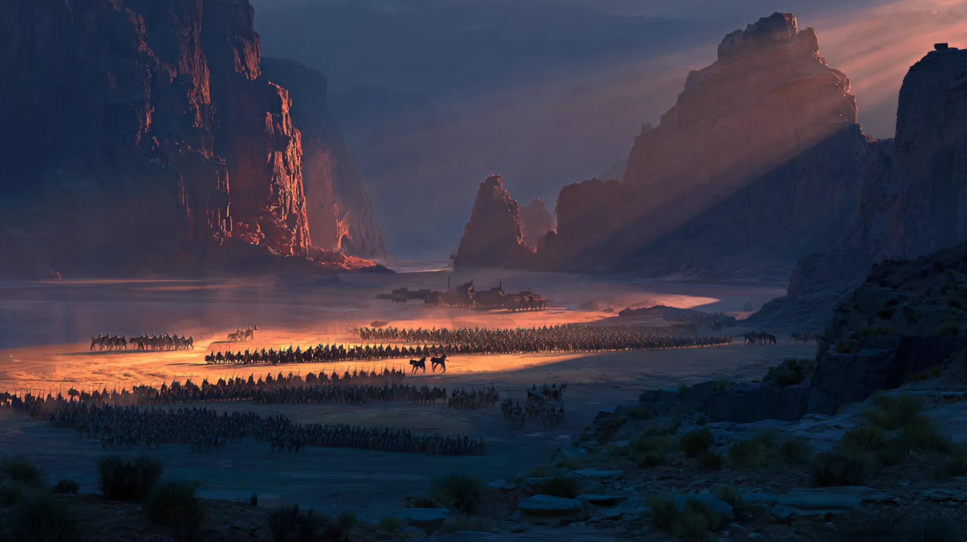 Dawn breaking over the desert plain of Badr, golden light illuminating ranked silhouettes of soldiers near a well, with dark lava ridges framing the horizon