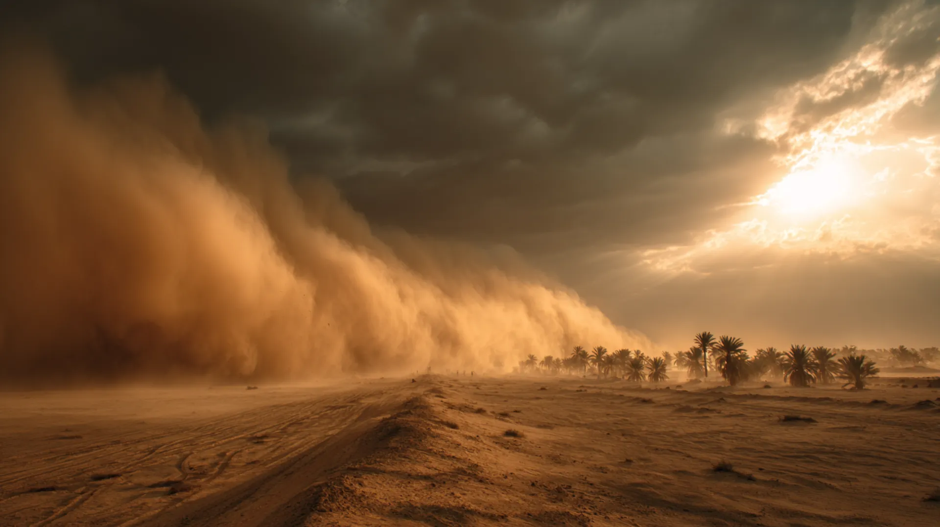 A vast desert plain at dawn with dust clouds rising from distant cavalry, golden light breaking dramatically through storm clouds over scattered palm groves