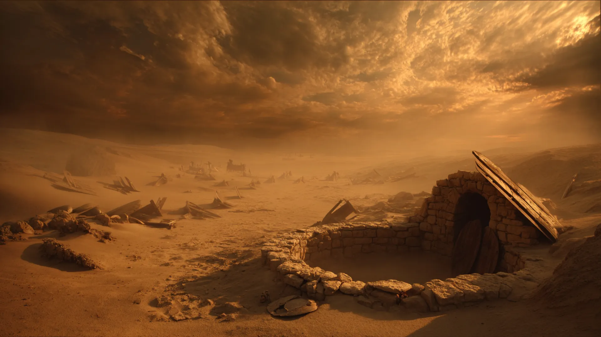 A desert battlefield at golden hour with an abandoned well in the foreground, scattered ancient weapons on the sand, and dramatic clouds overhead casting long shadows across the Arabian landscape