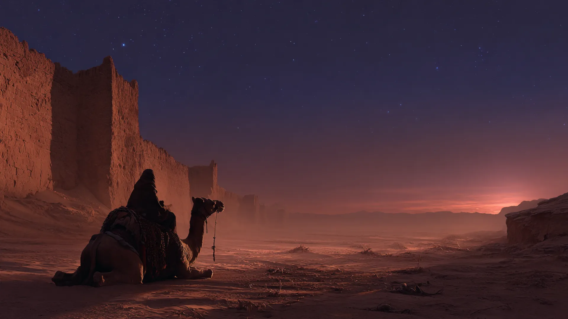 A lone camel silhouetted against a twilight desert sky with scattered belongings on the sand, suggesting an interrupted journey near distant city walls