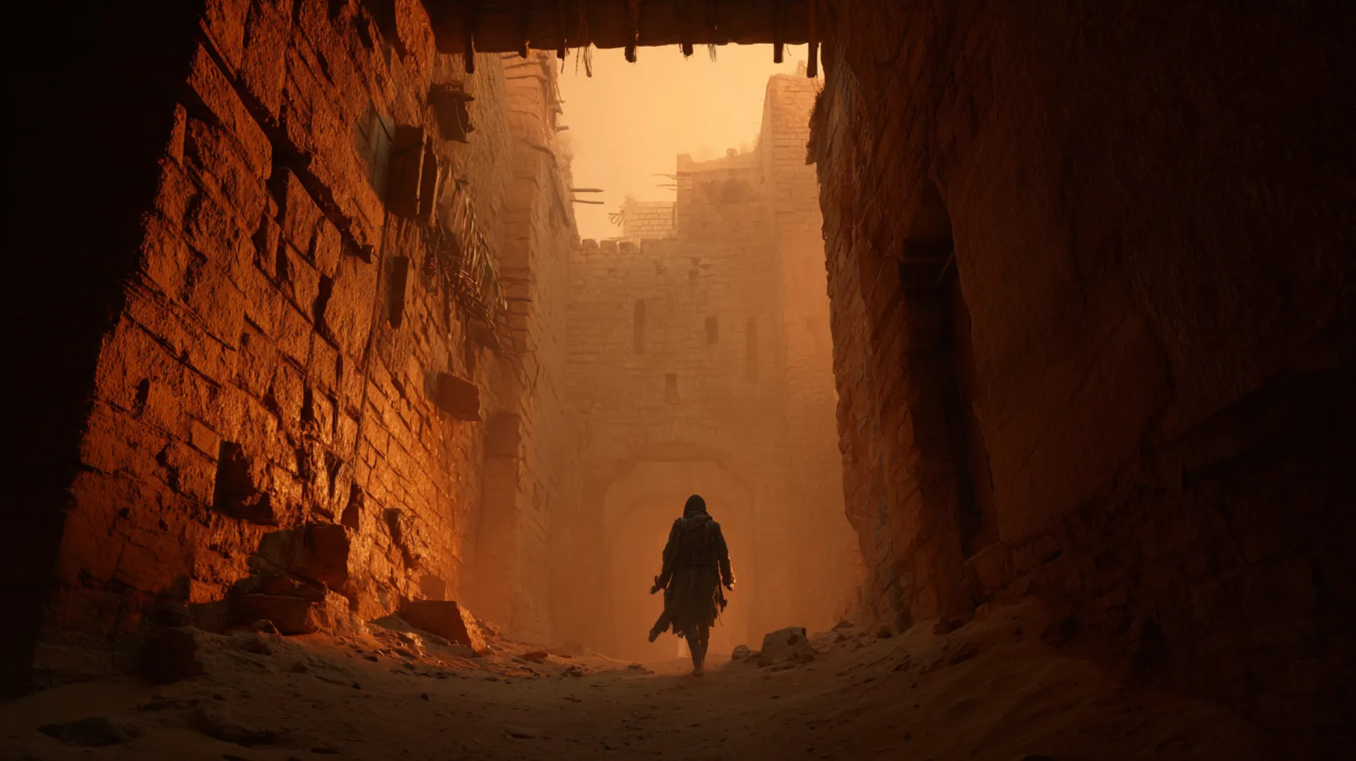 A lone figure stumbles through the gate of an ancient sandstone city at dusk, dust swirling in amber light, conveying devastation and silence