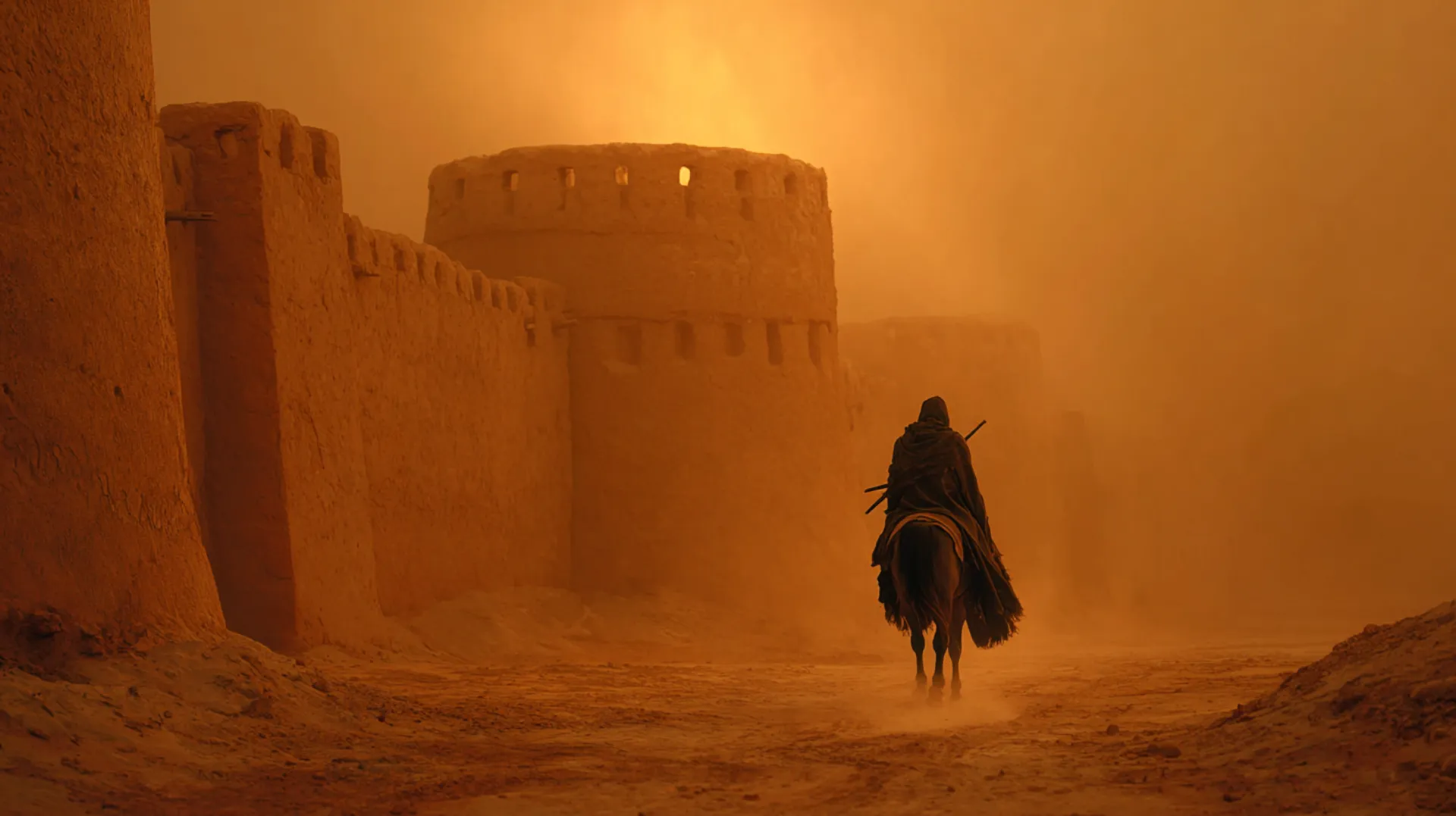 A lone cloaked traveler on horseback rides toward distant city walls at dawn, sword hanging from his neck, golden light breaking through dramatic clouds over the desert road