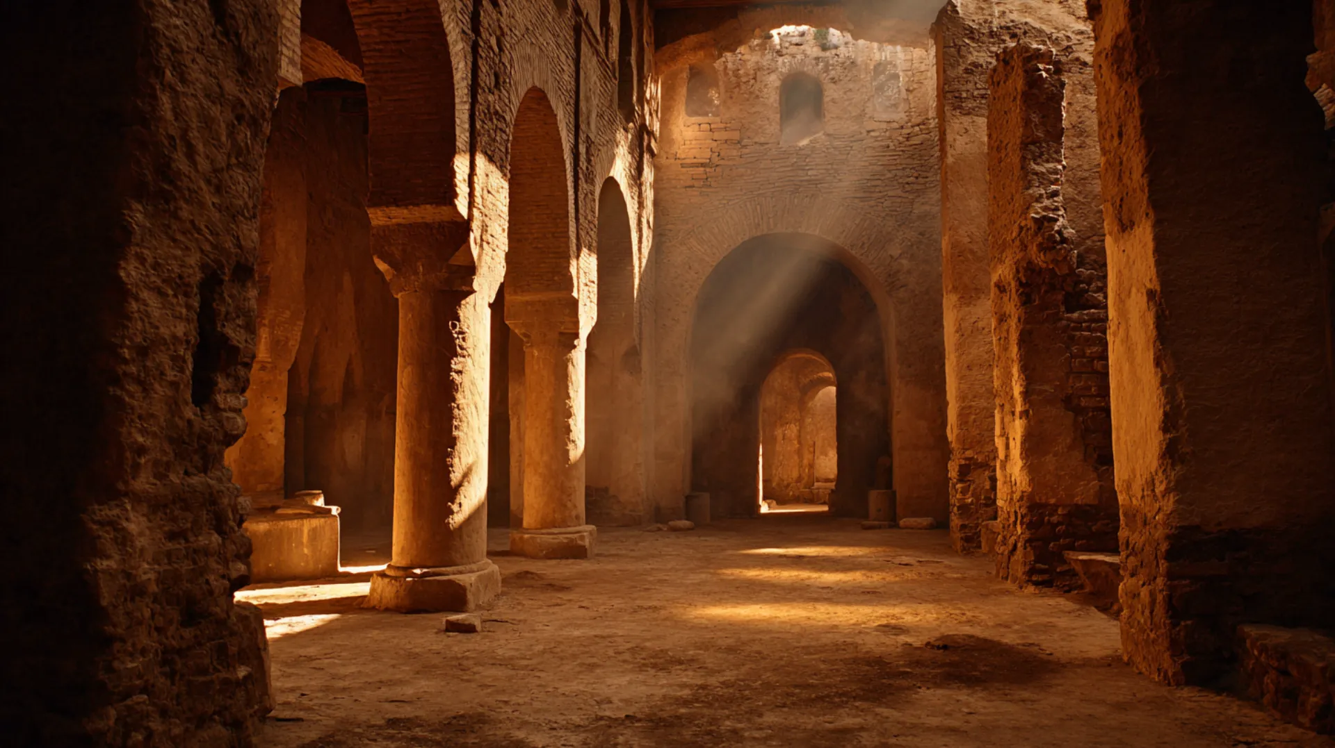 Dawn light streams through the pillars of an ancient open-air mosque, casting long shadows across its earthen floor as the building seems to orient toward a new direction