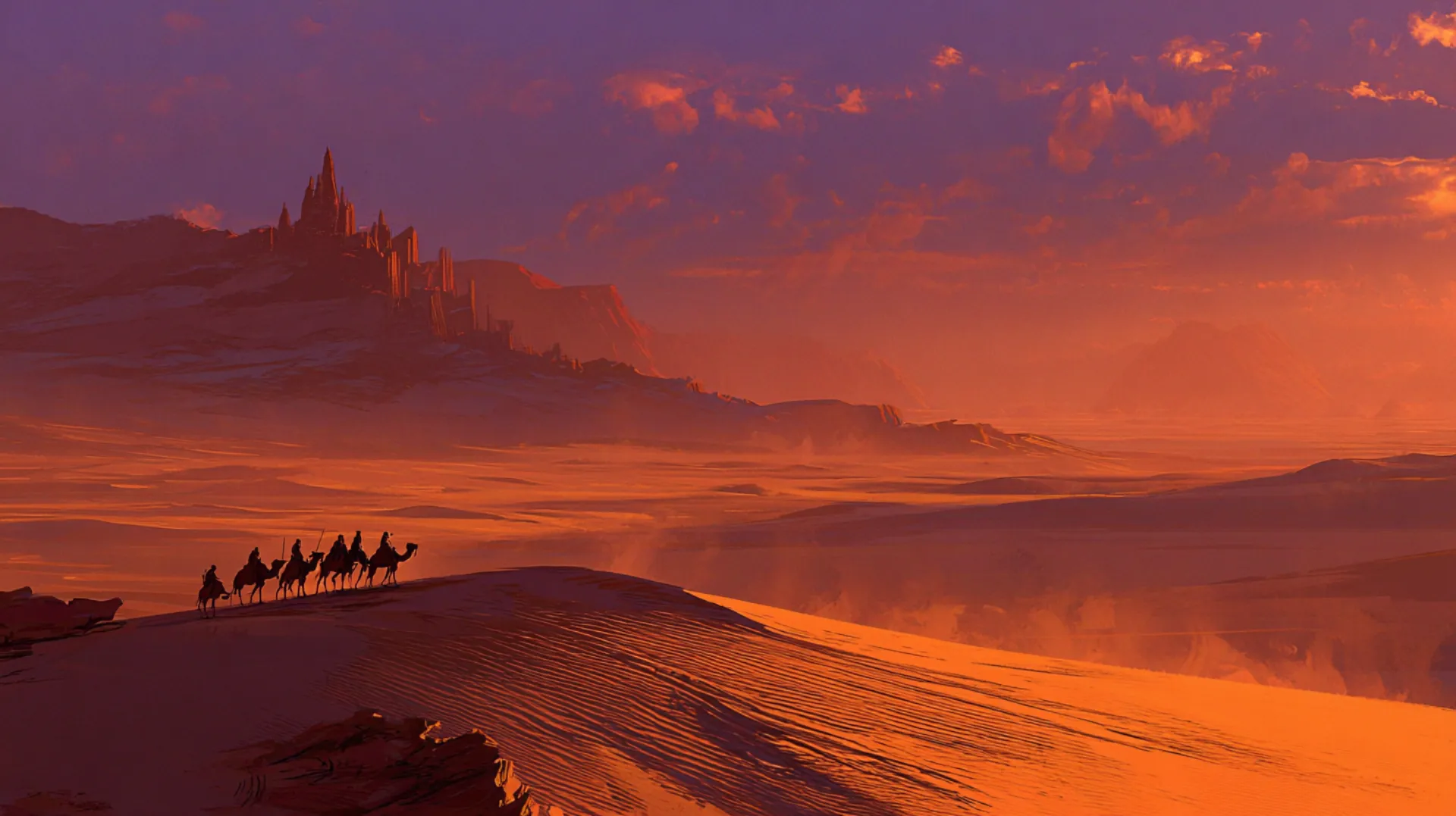 A small desert oasis with date palms at golden hour, distant silhouettes of camels on the horizon against a dramatic amber and purple sky