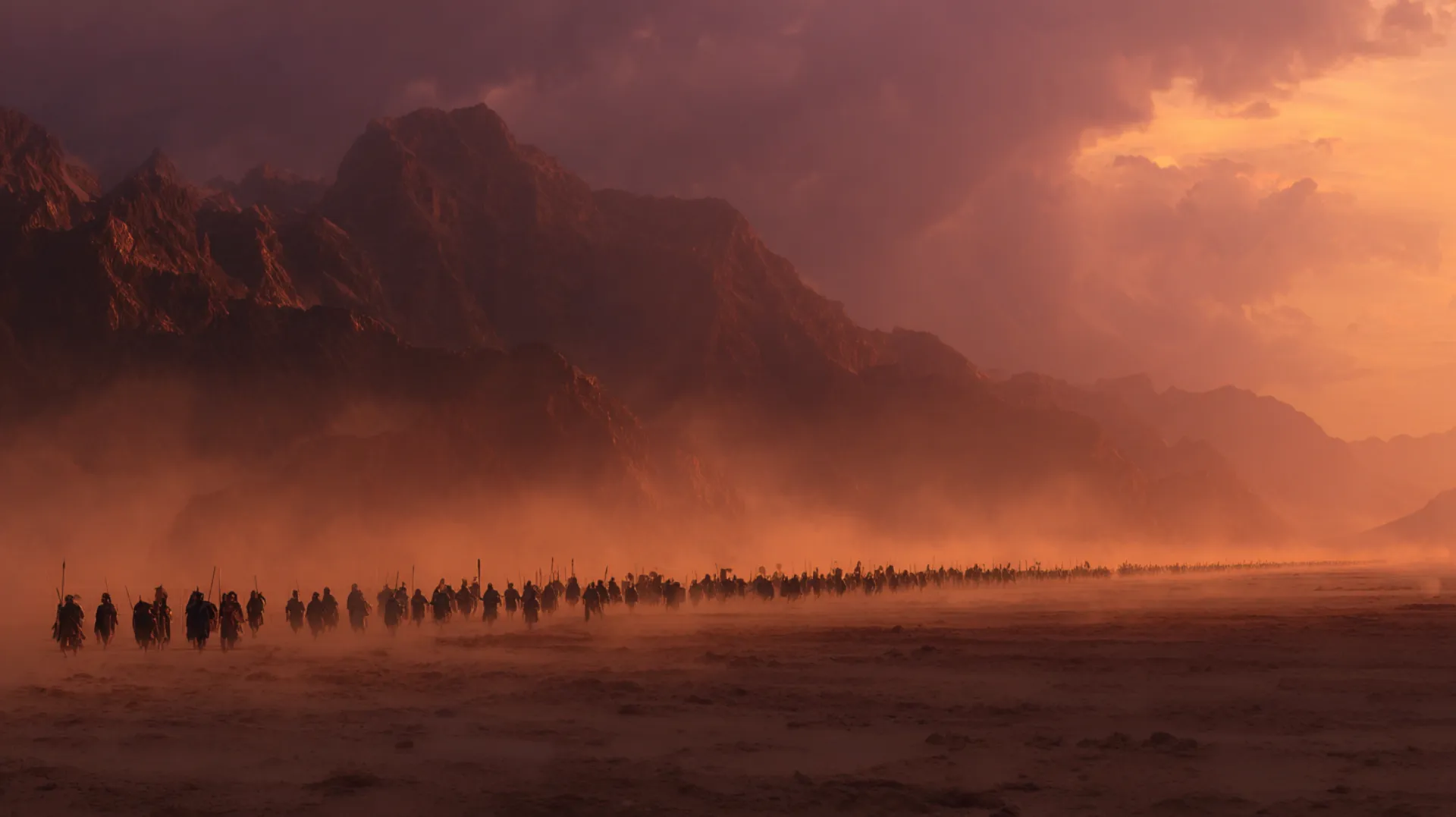 A long column of warriors marching across a desert plain toward a distant mountain range at dusk, dust rising into an amber and violet sky