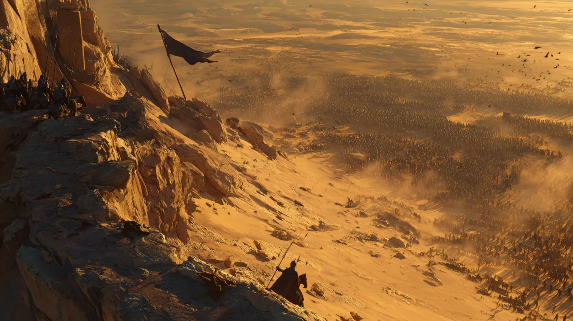 Aerial view of a deserted hilltop position overlooking a dusty battlefield with cavalry charging through a valley below, scattered arrows and a torn banner on the hill, golden hour light