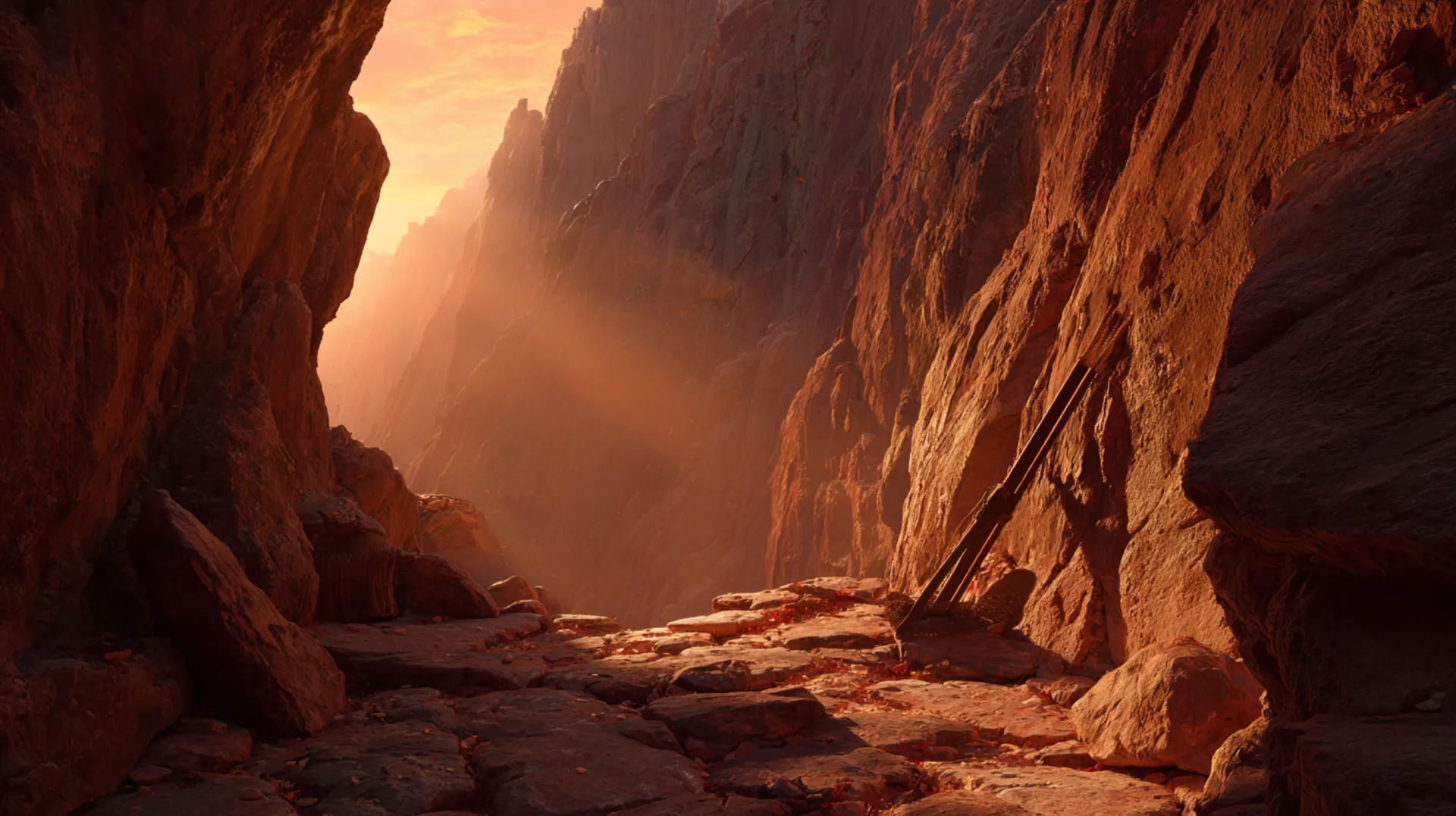 A narrow rocky crevice in a desert mountain at golden hour, scattered arrows and a broken bow resting on the stone ground, dramatic shafts of light piercing through the opening