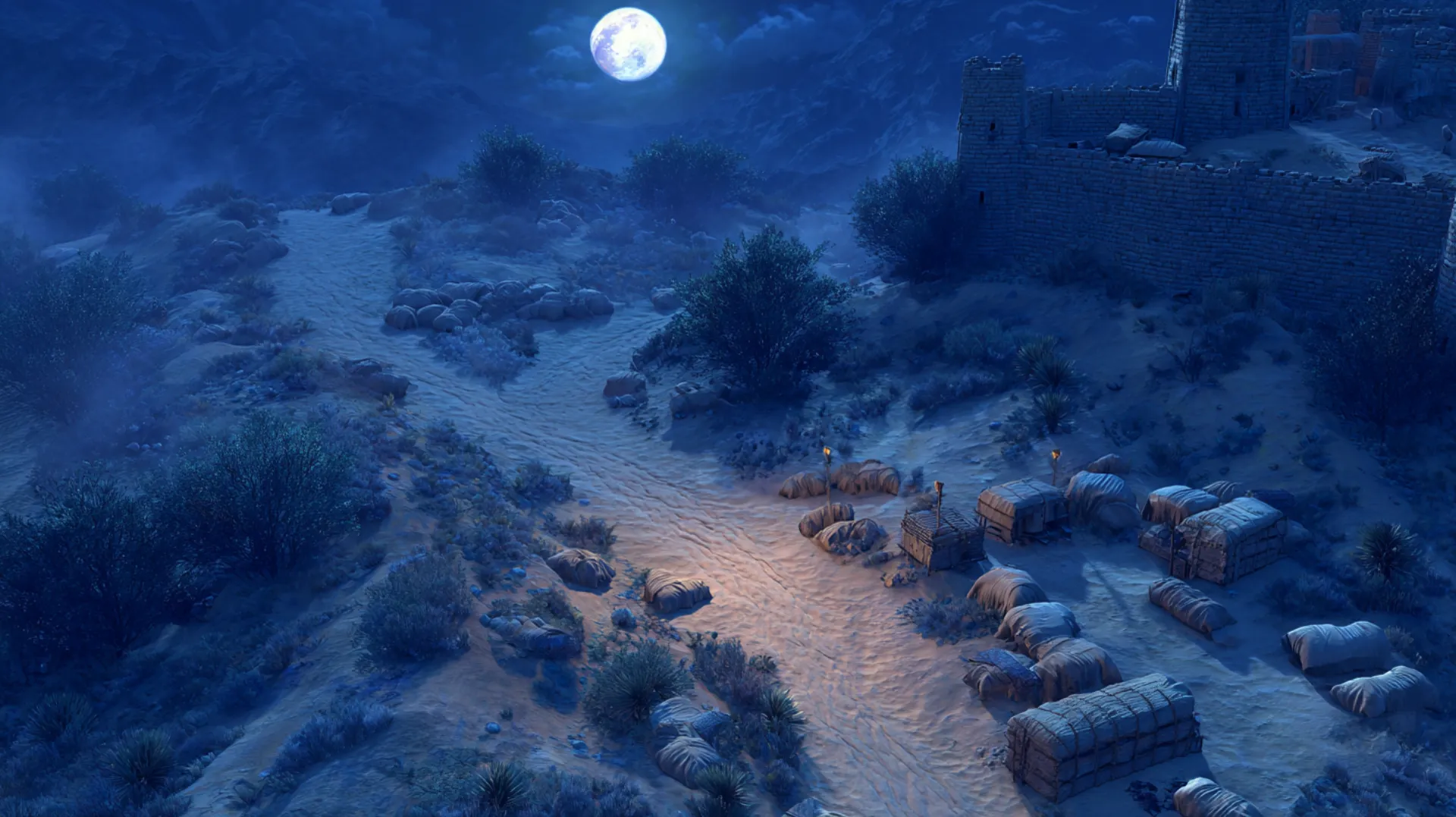 Moonlit desert trail with scattered grain sacks on the sand, a distant fortress silhouette on the horizon under a full moon